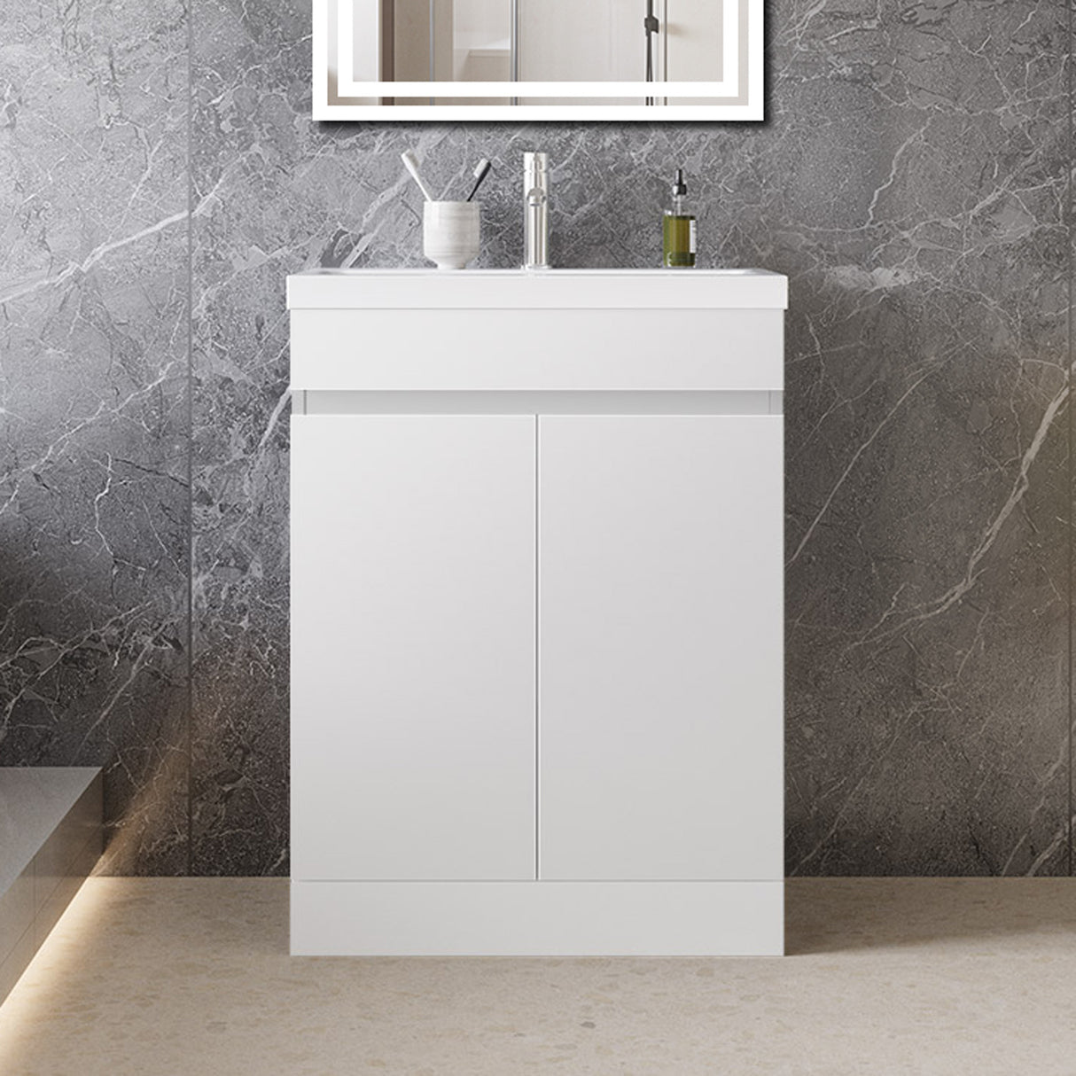 Modern Splash Mat White Free Standing Bathroom Vanity Unit With Thick Ceramic Basin And Double Door 600*390*800mm