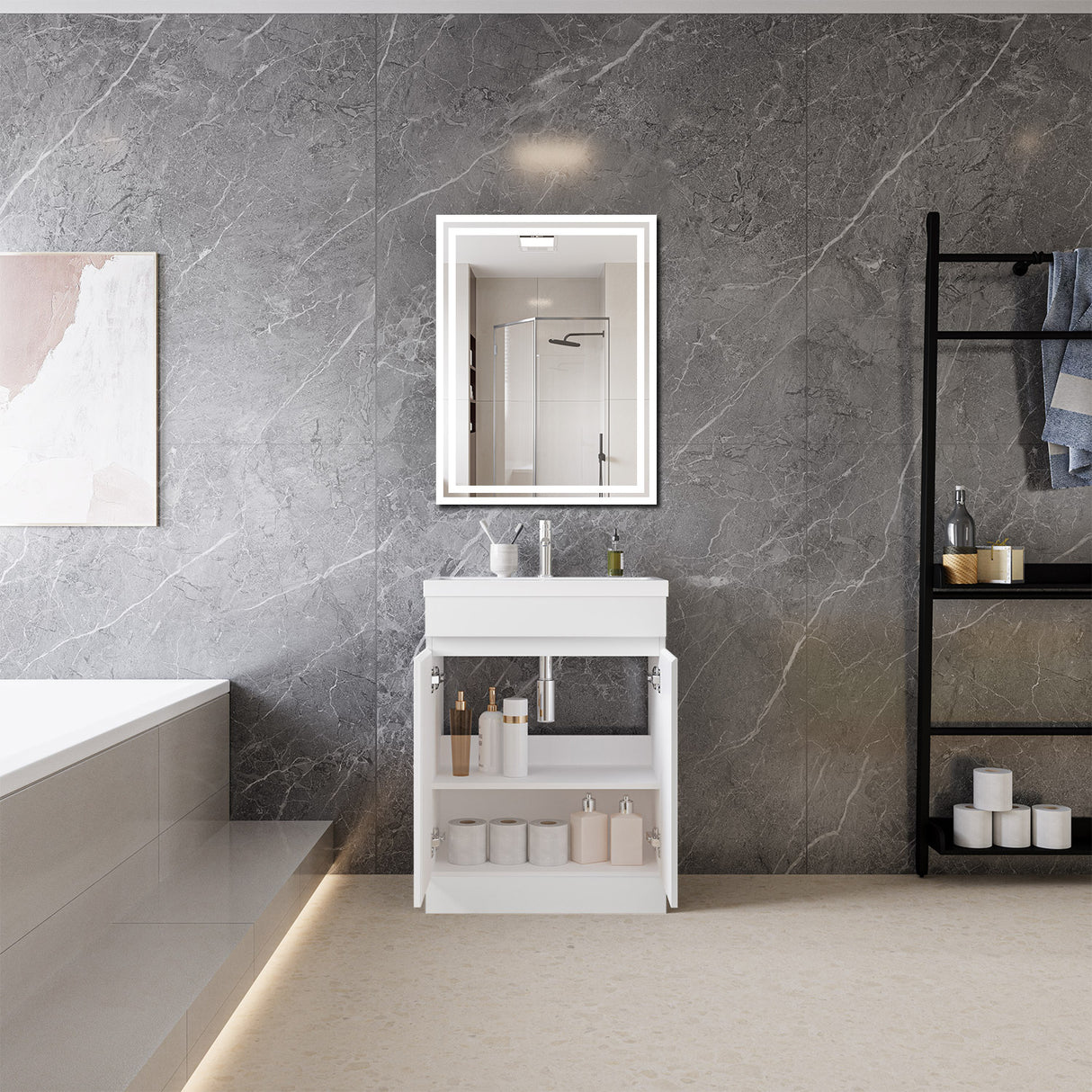 Modern Splash Mat White Free Standing Bathroom Vanity Unit With Thick Ceramic Basin And Double Door 600*390*800mm