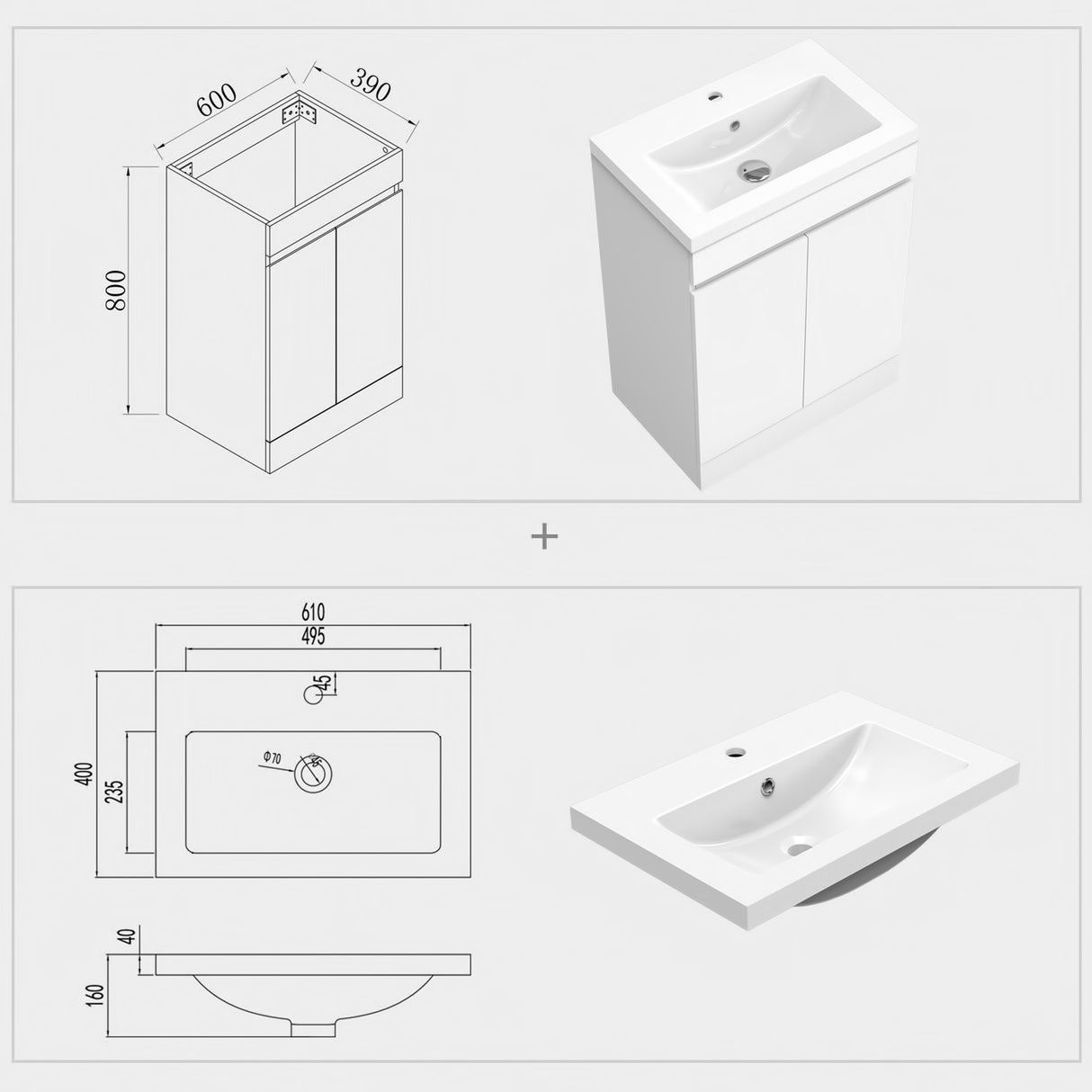 Modern Splash Mat White Free Standing Bathroom Vanity Unit With Square Basin Double Door 600*390*800mm
