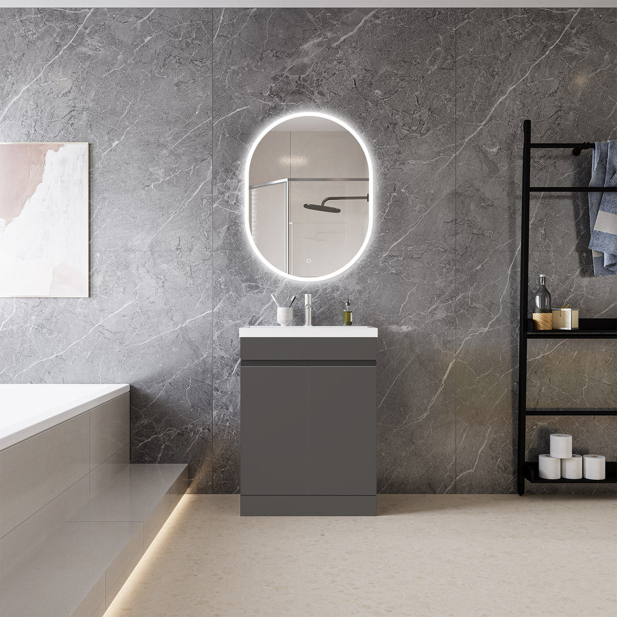 Modern Splash Mat Anthracite Free Standing Bathroom Vanity Unit With Basin Double Door 600*390*800mm