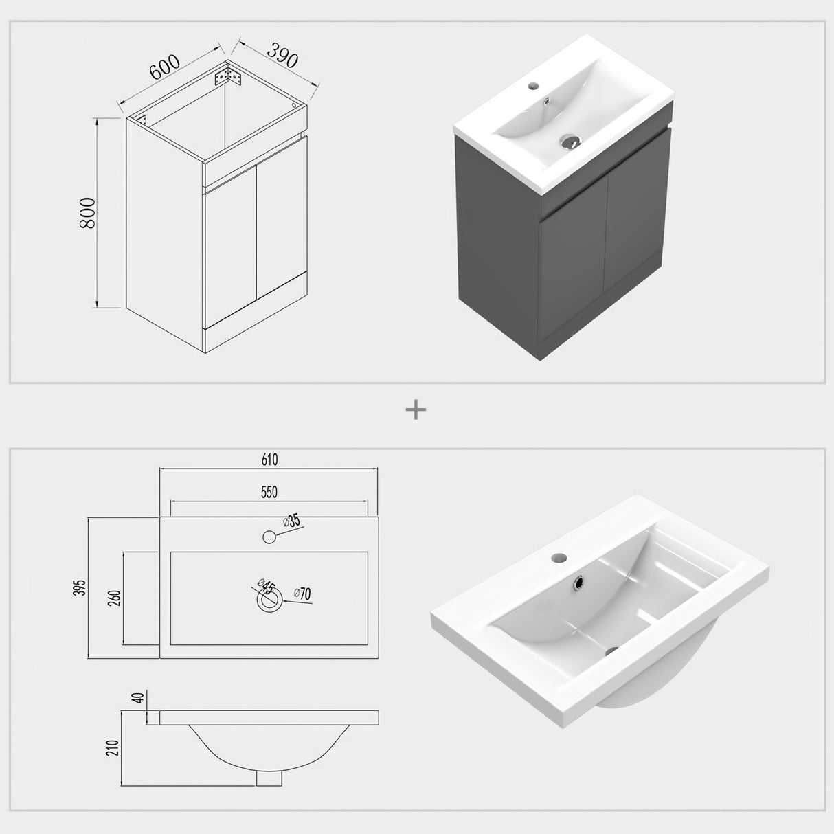Modern Splash Anthracite Free Standing Bathroom Vanity Unit With Thick Ceramic Basin And Double Door 600*390*800mm