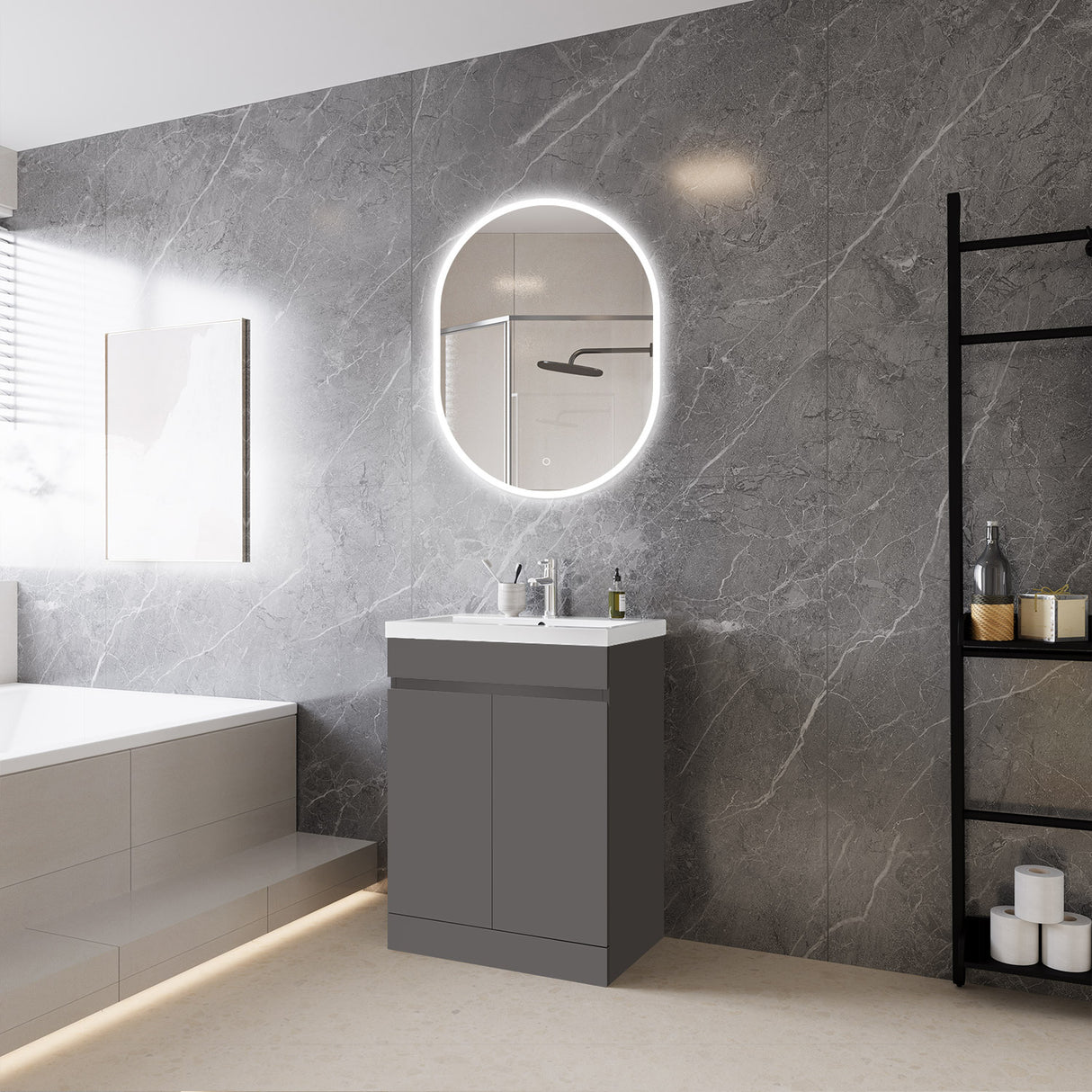 Modern Splash Mat Anthracite Free Standing Bathroom Vanity Unit With Basin Double Door 600*390*800mm