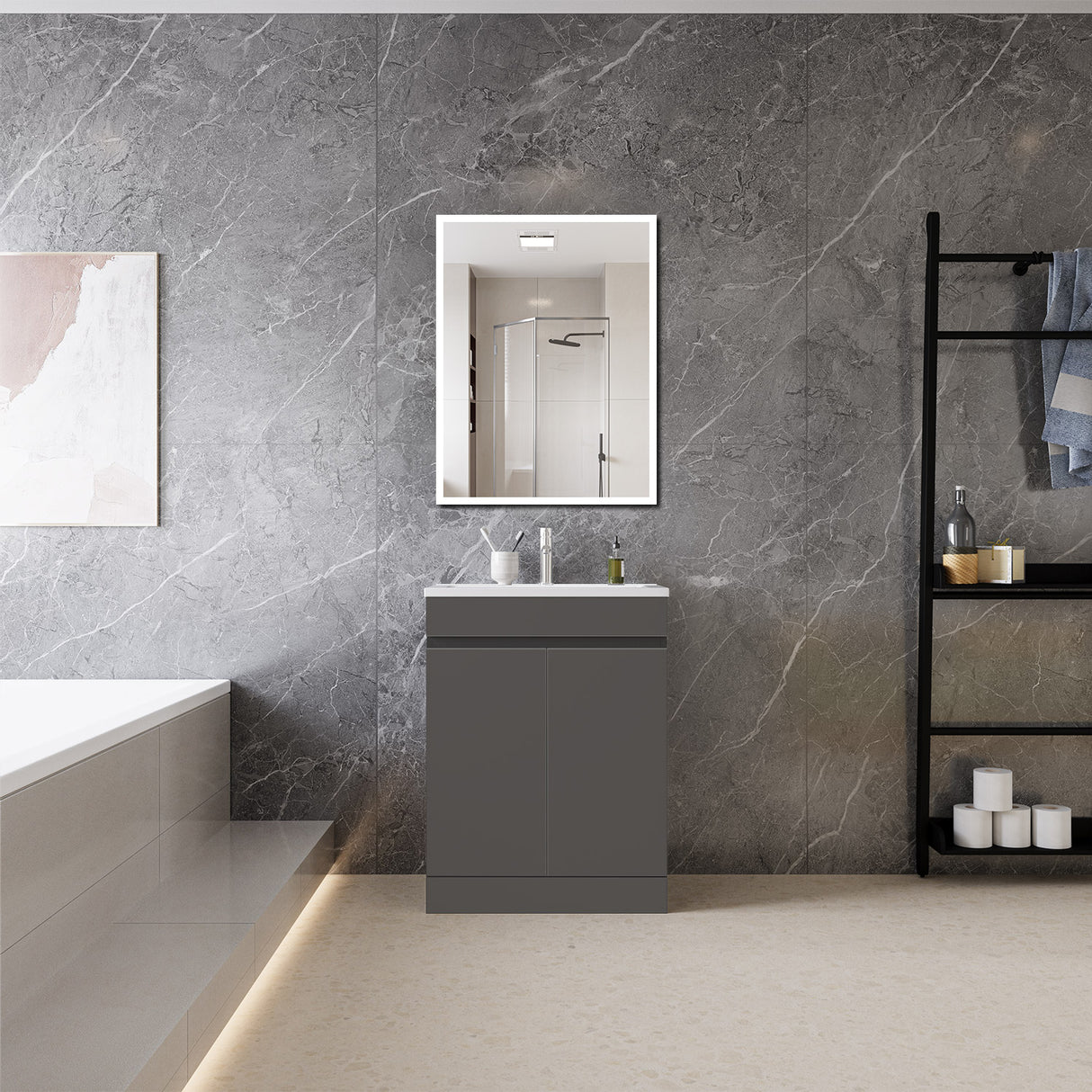 Modern Splash Mat Anthracite Free Standing Bathroom Vanity Unit With Thin Ceramic Basin And Double Door 600*390*800mm