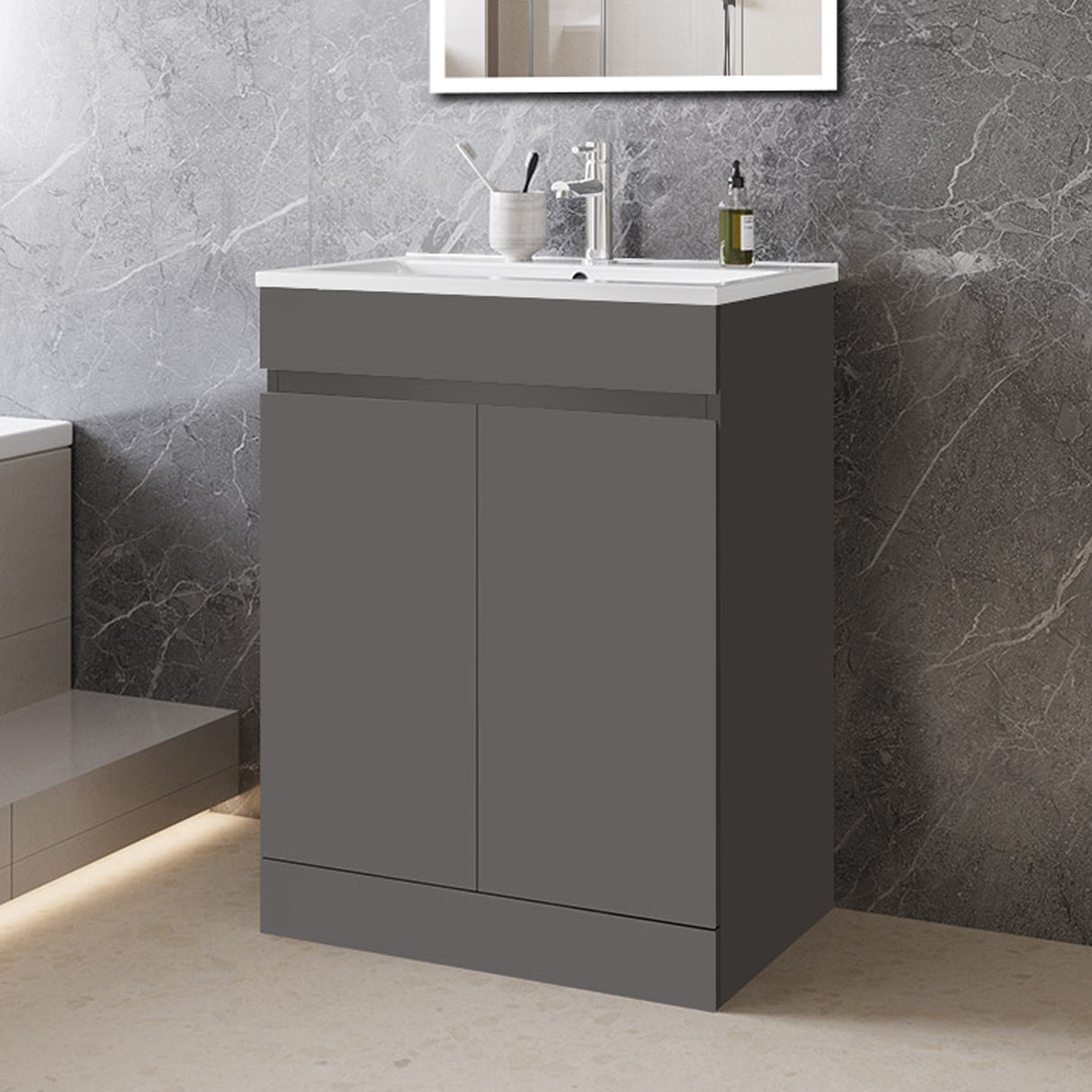 Modern Splash Mat Anthracite Free Standing Bathroom Vanity Unit With Thin Ceramic Basin And Double Door 600*390*800mm