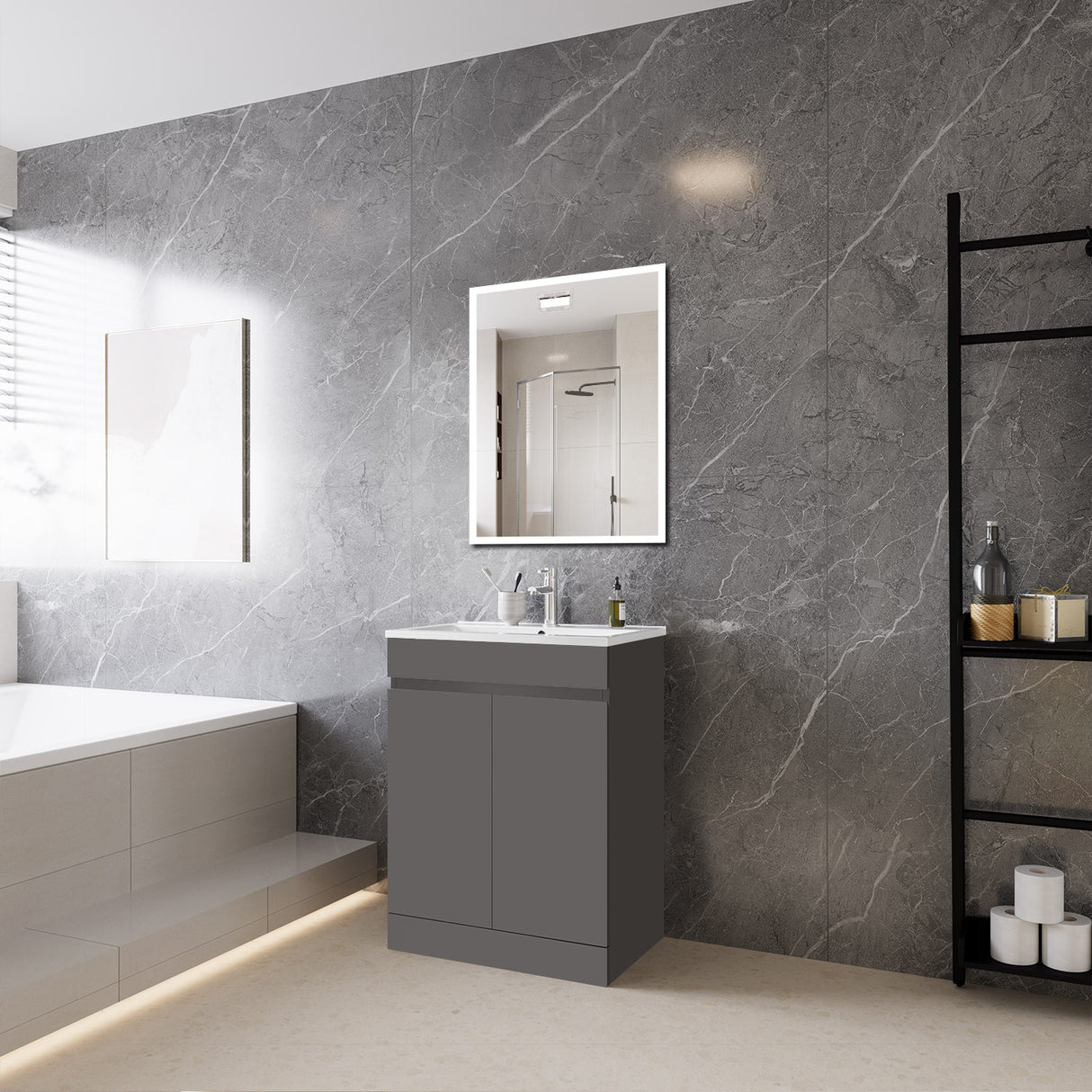 Modern Splash Mat White Free Standing Bathroom Vanity Unit With Thin Ceramic Basin And Double Door 600*390*800mm