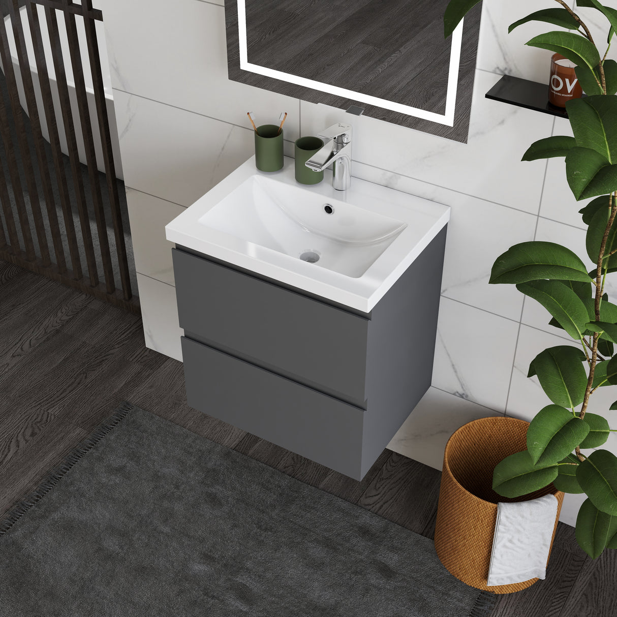 Modern Splash Wall Mounted Bathroom Vanity Unit With Thick Ceramic Basin And 2 Soft Close Drawers GreMD 500*385*520mm