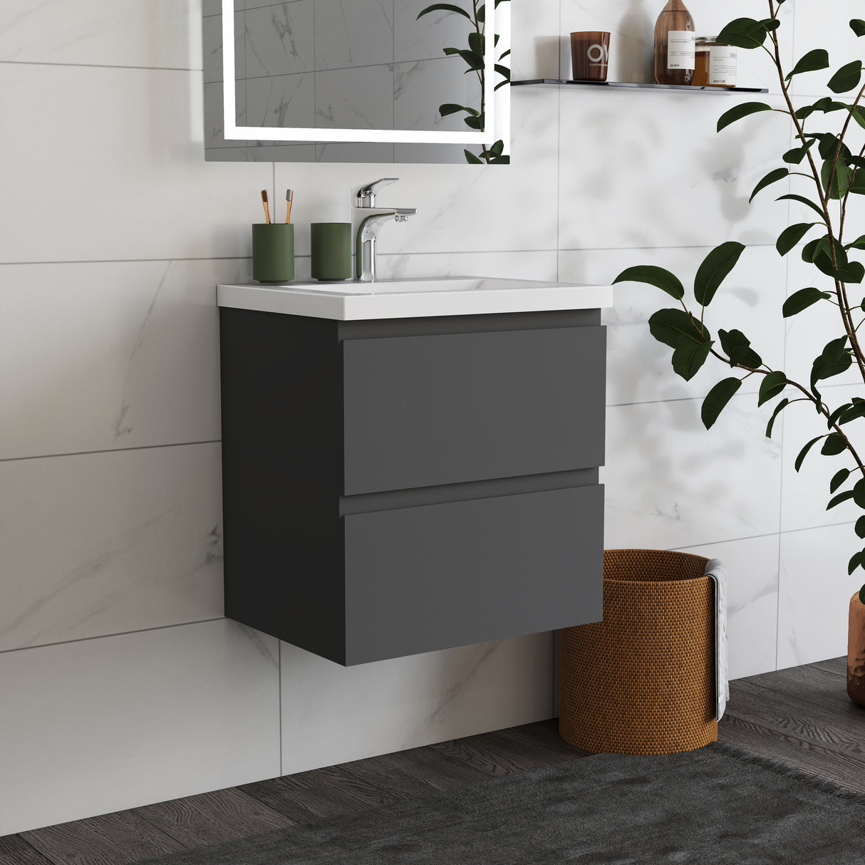 Modern Splash Wall Mounted Bathroom Vanity Unit With Thick Ceramic Basin And 2 Soft Close Drawers GreMD 500*385*520mm