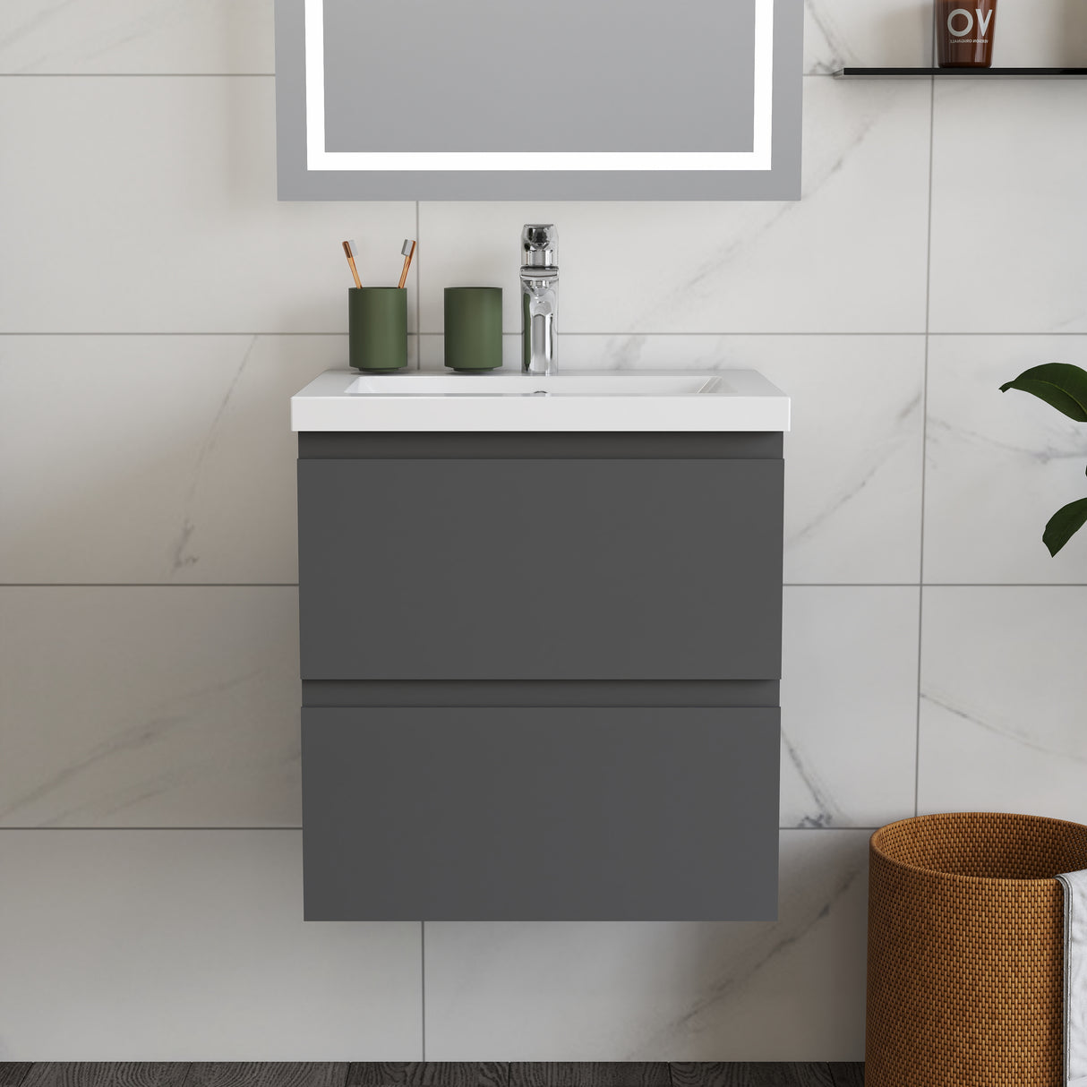 Modern Splash Wall Mounted Bathroom Vanity Unit With Thick Ceramic Basin And 2 Soft Close Drawers GreMD 500*385*520mm