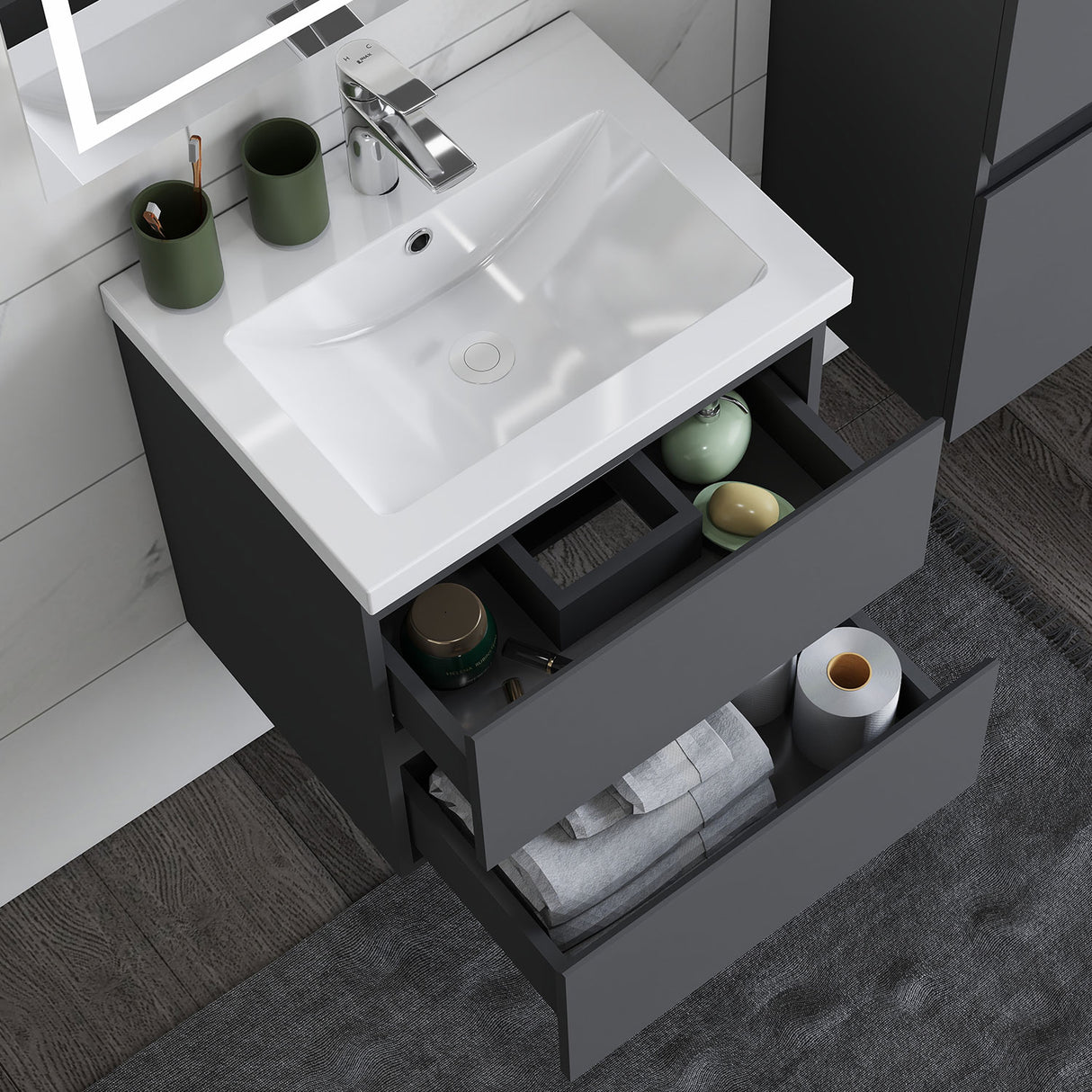 Modern Splash Wall Mounted Bathroom Vanity Unit With Thick Ceramic Basin And 2 Soft Close Drawers GreMD 500*385*520mm