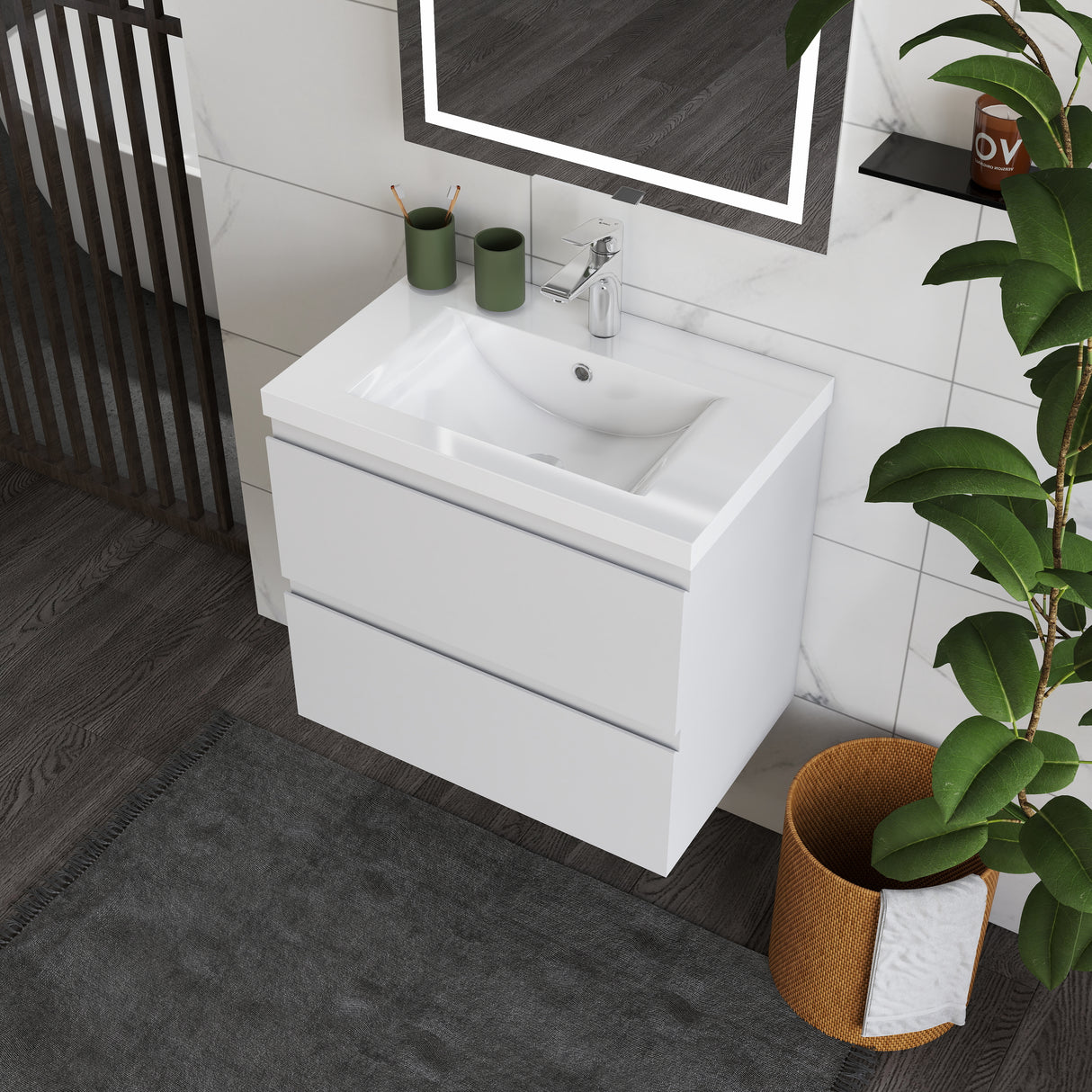 Modern Splash Wall Mounted Bathroom Vanity Unit With Artificial Stone Basin And 2 Soft Close Drawers White 600*385*520mm