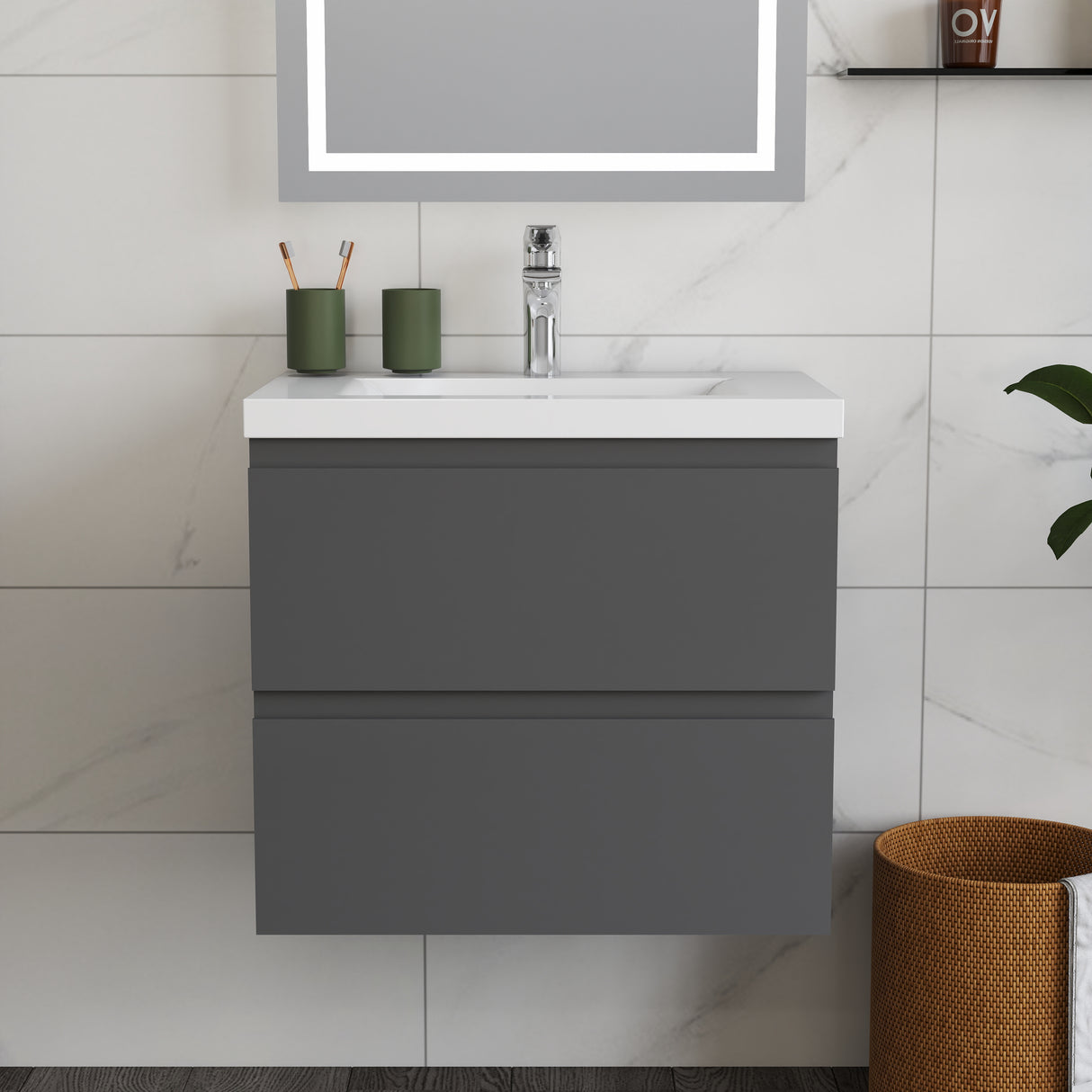 Modern Splash Wall Mounted Bathroom Vanity Unit With Thick Ceramic Basin And 2 Soft Close Drawers Anthracite 600*385*520mm