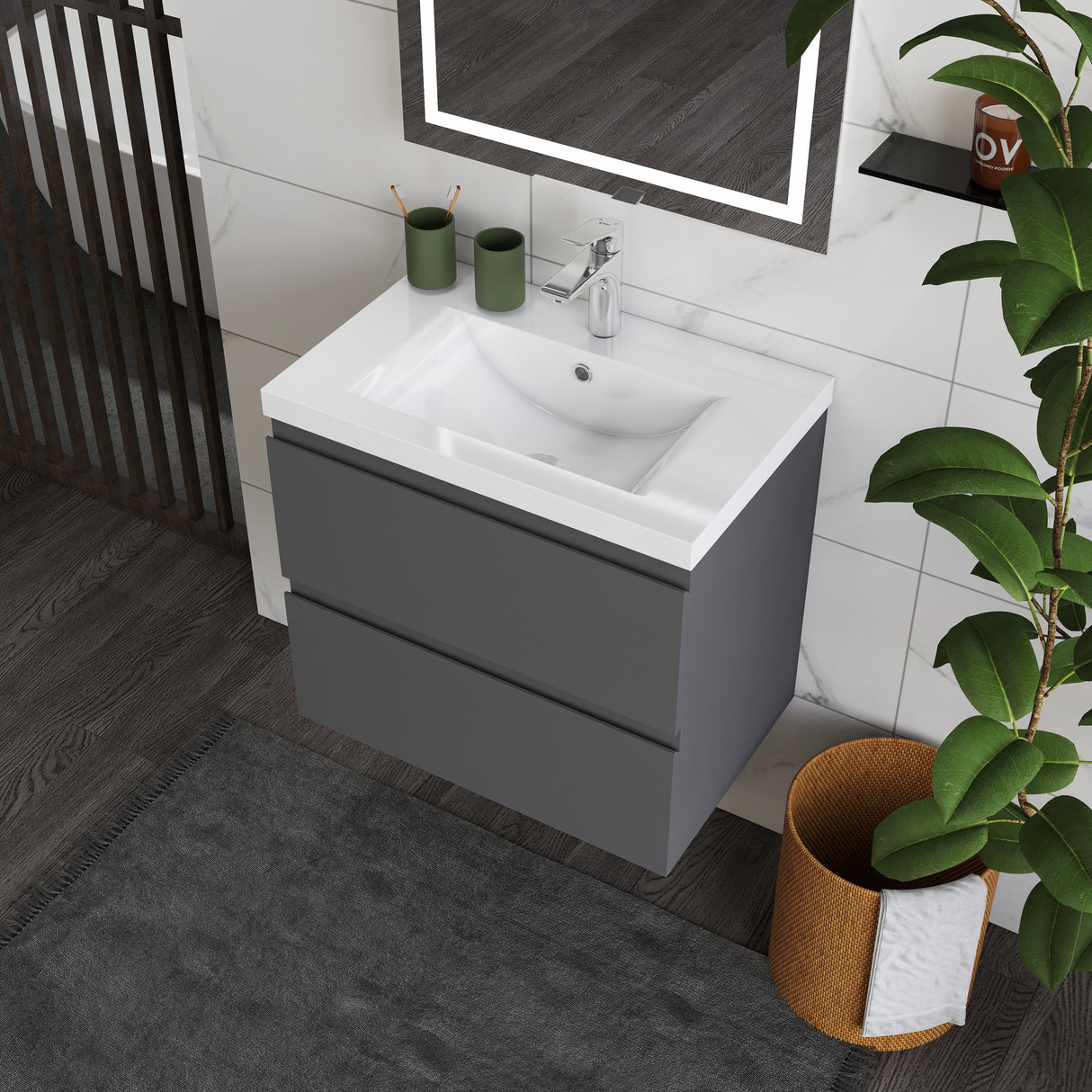 Modern Splash Wall Mounted Bathroom Vanity Unit With Artificial Stone Basin And 2 Soft Close Drawers Anthracite 600*385*520mm