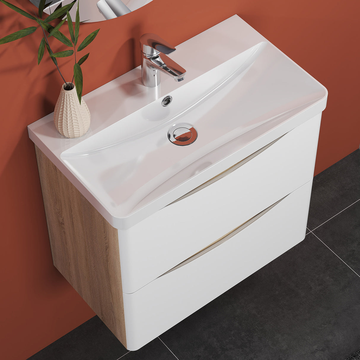 Modern Splash Wall Mounted Bathroom Vanity Unit With Artificial Stone Basin And 2 Soft Close Drawers White Oak 590*345*500mm