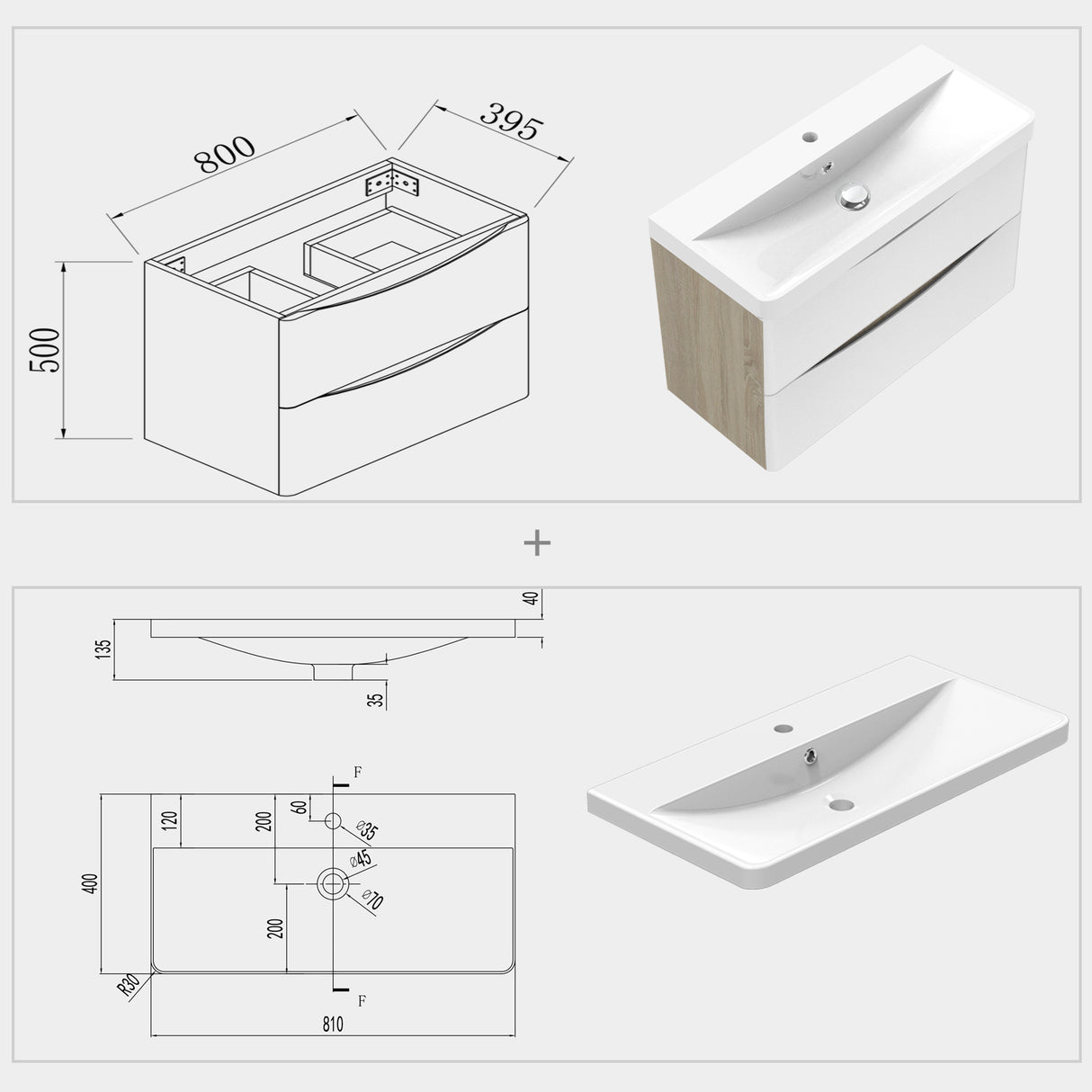 Modern Splash Wall Mounted Bathroom Vanity Unit With Artificial Stone Basin And 2 Soft Close Drawers White Oak 800*395*500mm