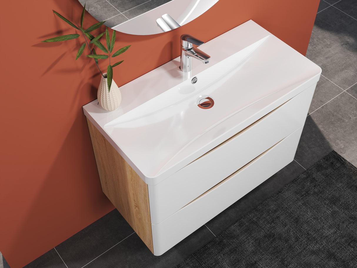 Modern Splash Wall Mounted Bathroom Vanity Unit With Artificial Stone Basin And 2 Soft Close Drawers White Oak 800*395*500mm