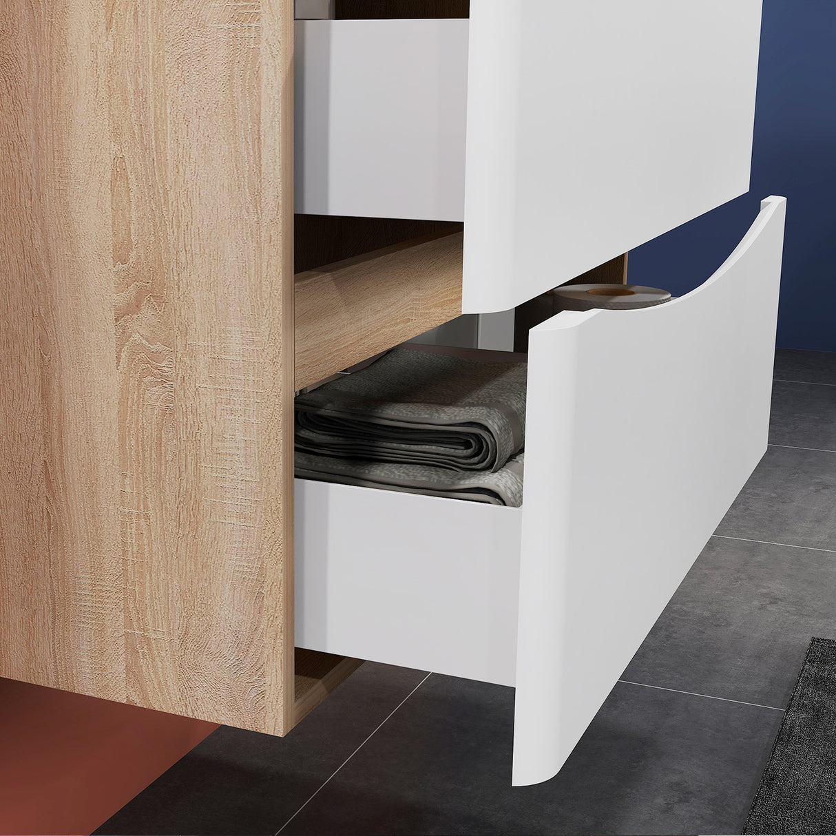 Modern Splash Wall Mounted Bathroom Vanity Unit With Artificial Stone Basin And 2 Soft Close Drawers White Oak 800*395*500mm