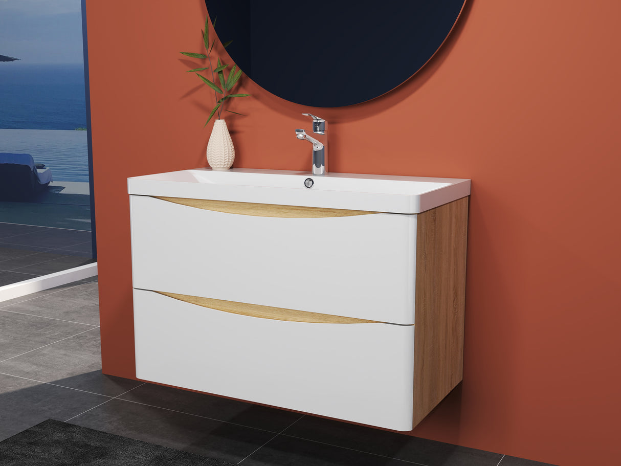 Modern Splash Wall Mounted Bathroom Vanity Unit With Artificial Stone Basin And 2 Soft Close Drawers White Oak 800*395*500mm