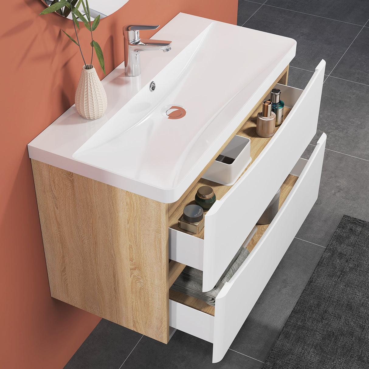 Modern Splash Wall Mounted Bathroom Vanity Unit With Artificial Stone Basin And 2 Soft Close Drawers White Oak 800*395*500mm