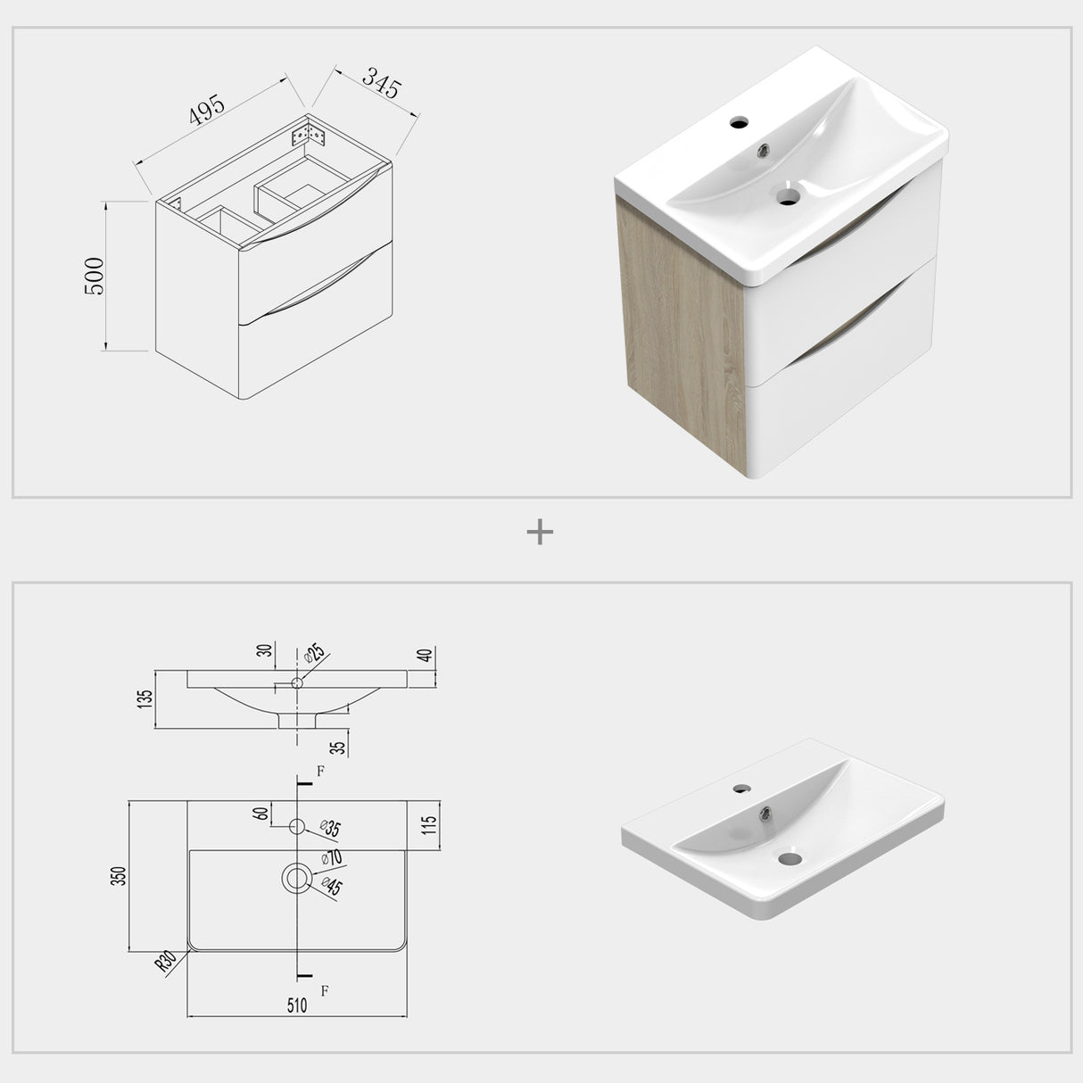 Modern Splash Wall Mounted Bathroom Vanity Unit With Artificial Stone Basin And 2 Soft Close Drawers White Oak 495*345*500mm