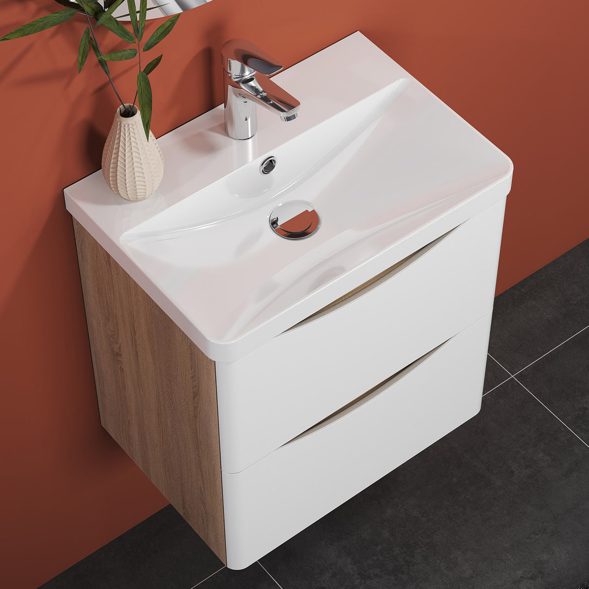 Modern Splash Wall Mounted Bathroom Vanity Unit With Artificial Stone Basin And 2 Soft Close Drawers White Oak 495*345*500mm