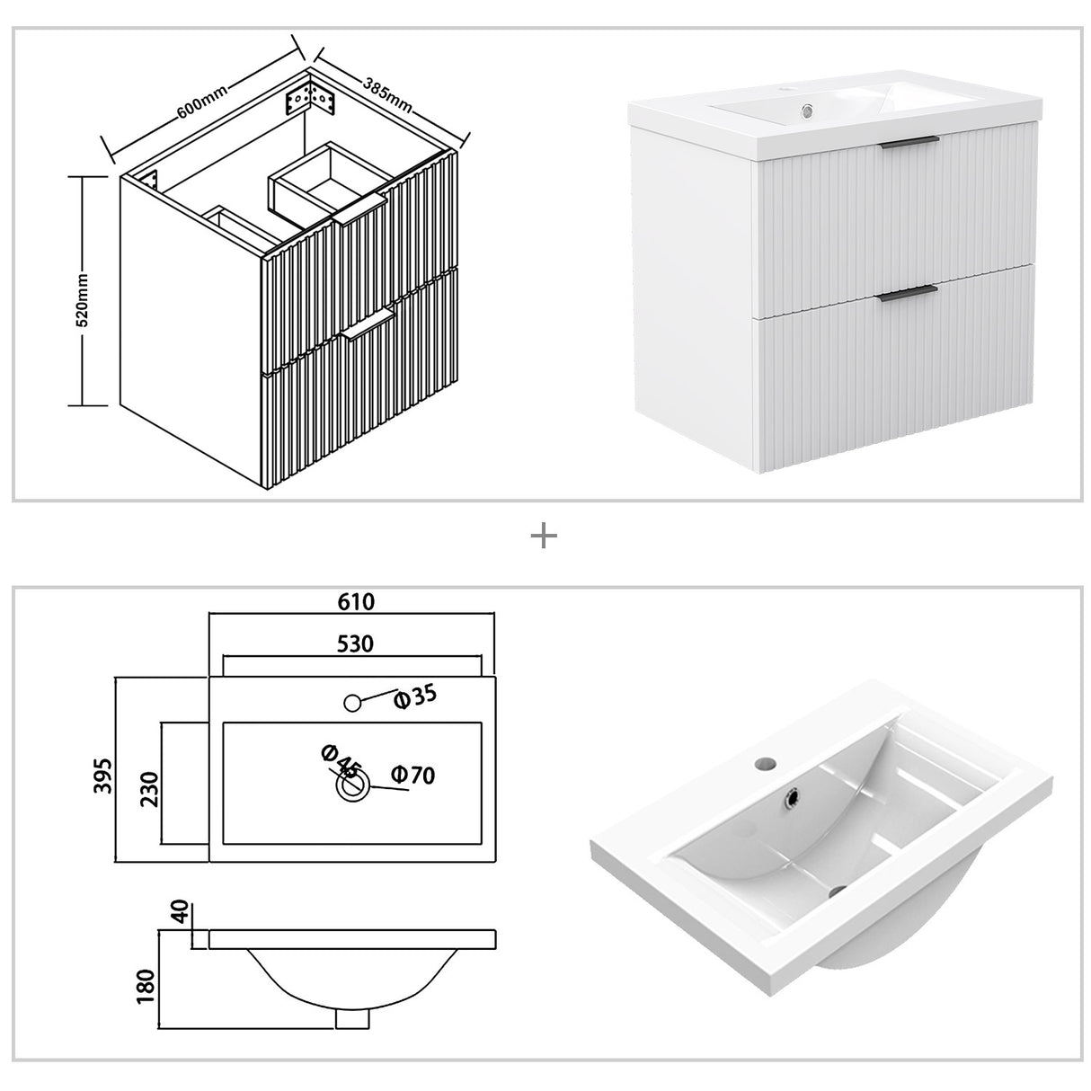 Modern Splash Wall Mounted White Bathroom Vanity Unit With Thick Ceramic Basin And 2 Soft Close Drawers 600*385*520mm