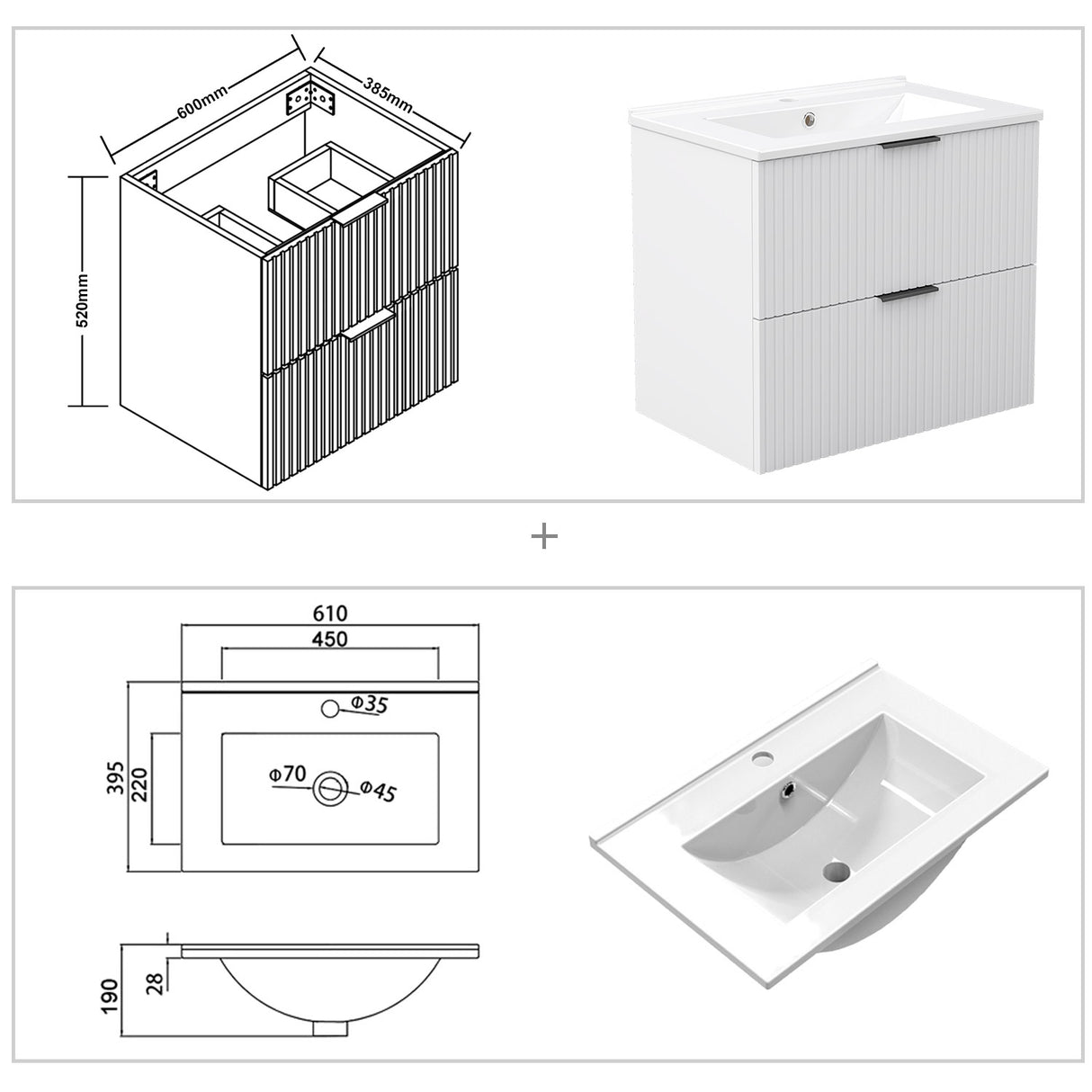 Modern Splash Wall Mounted White Bathroom Vanity Unit With Thin Ceramic Basin And 2 Soft Close Drawers 600*385*520mm