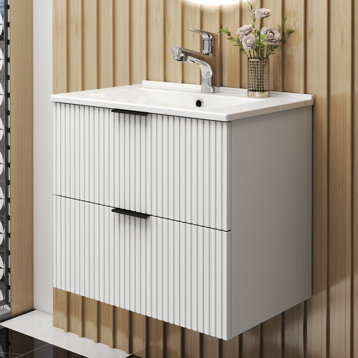 Modern Splash Wall Mounted White Bathroom Vanity Unit With Thin Ceramic Basin And 2 Soft Close Drawers 600*385*520mm