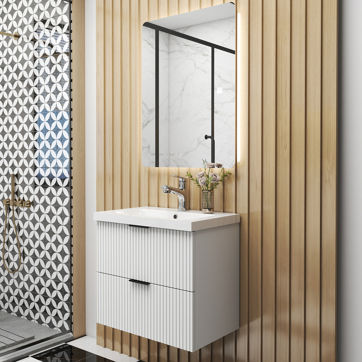 Modern Splash Wall Mounted White Bathroom Vanity Unit With Artificial Stone Basin And 2 Soft Close Drawers 600*385*520mm