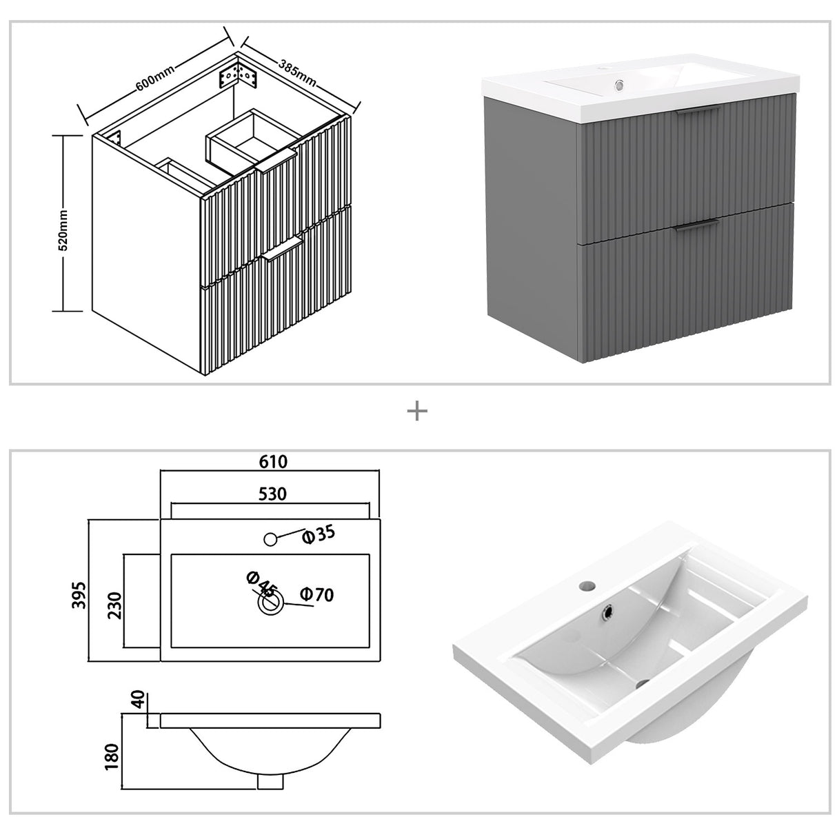 Modern Splash Wall Mounted Anthracite Bathroom Vanity Unit With Thick Ceramic Basin And 2 Soft Close Drawers 600*385*520mm
