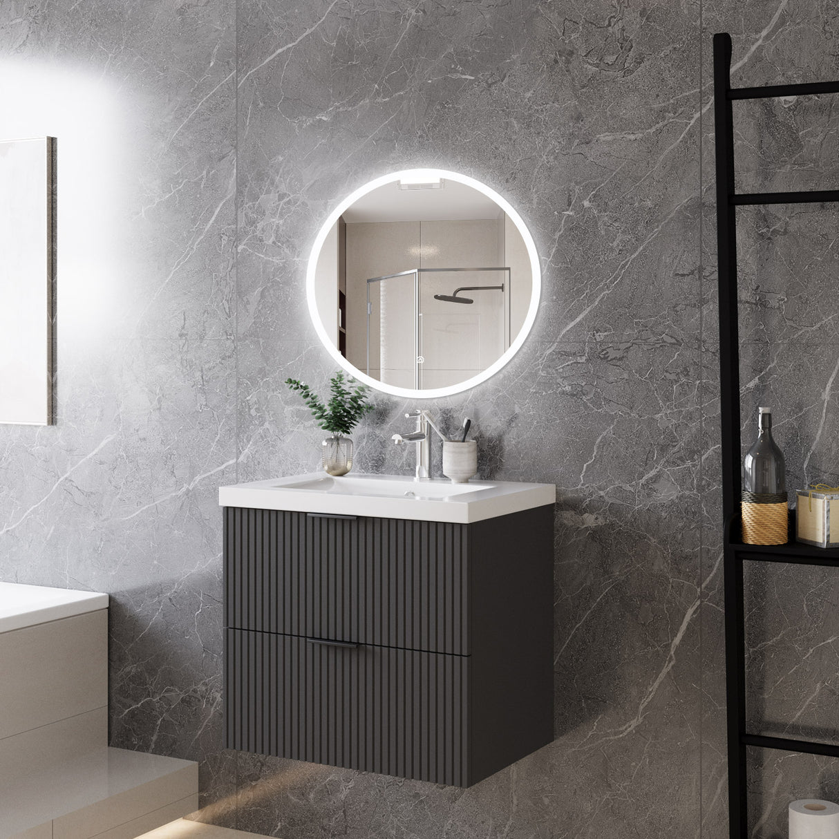 Modern Splash Wall Mounted Anthracite Bathroom Vanity Unit With Thick Ceramic Basin And 2 Soft Close Drawers 600*385*520mm