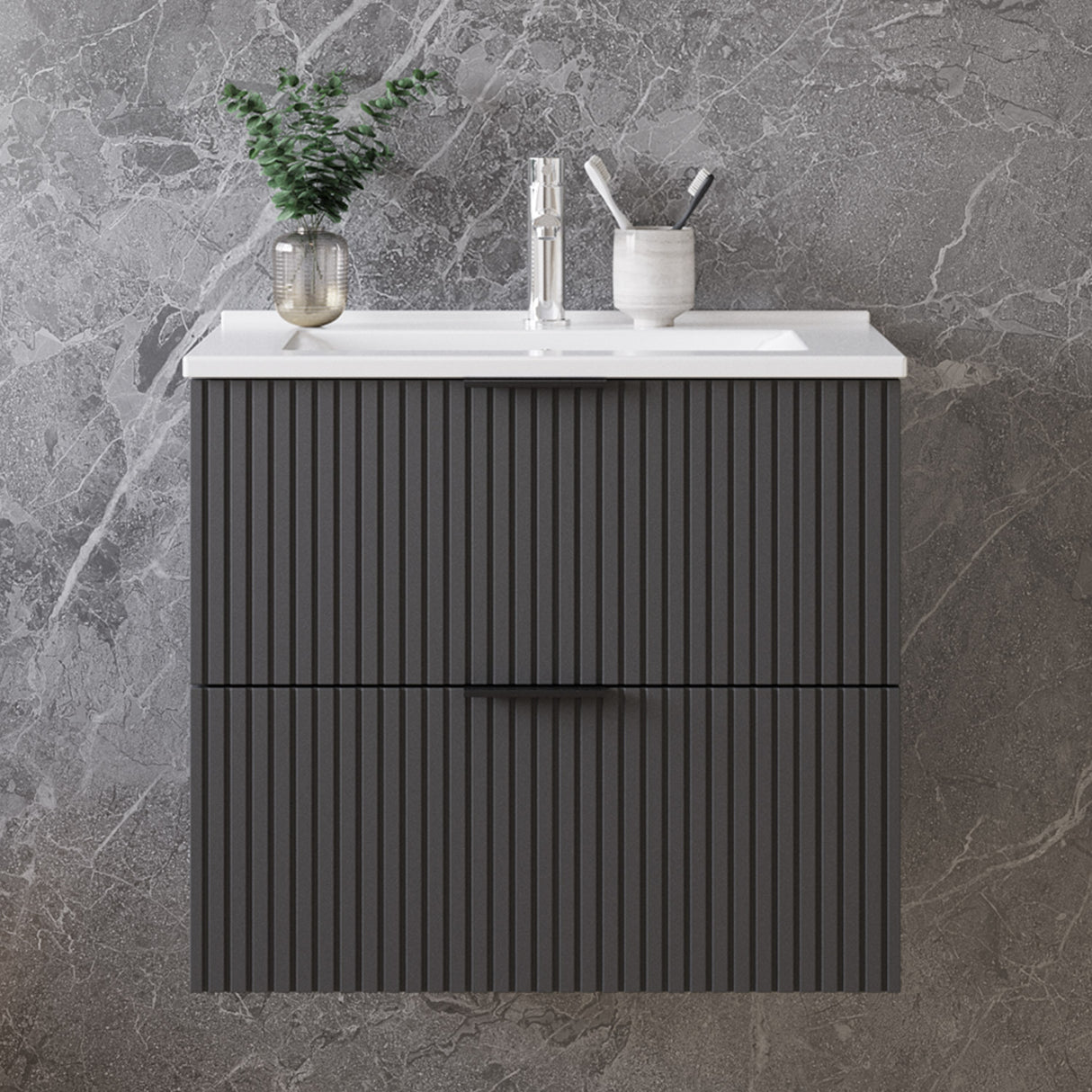 Modern Splash Wall Mounted Anthracite Bathroom Vanity Unit With Thin Ceramic Basin And 2 Soft Close Drawers 600*385*520mm