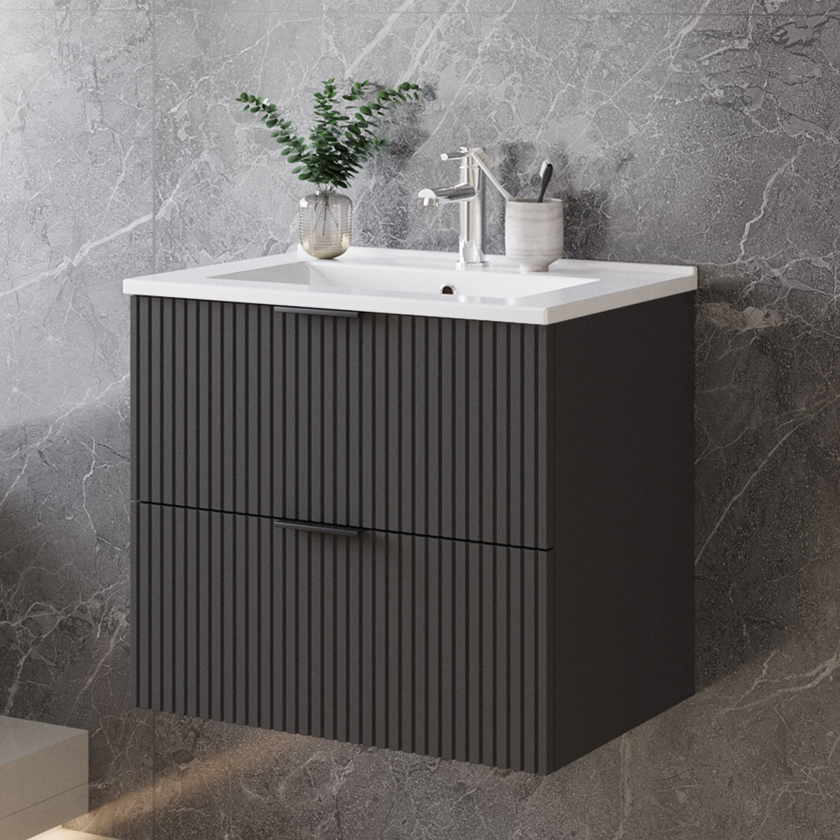 Modern Splash Wall Mounted Anthracite Bathroom Vanity Unit With Thin Ceramic Basin And 2 Soft Close Drawers 600*385*520mm
