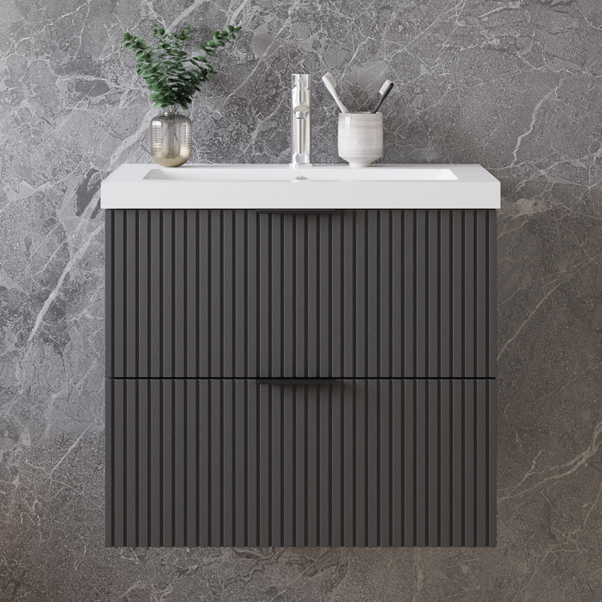 Modern Splash Wall Mounted Anthracite Bathroom Vanity Unit With Artificial Stone Basin And 2 Soft Close Drawers 600*385*520mm