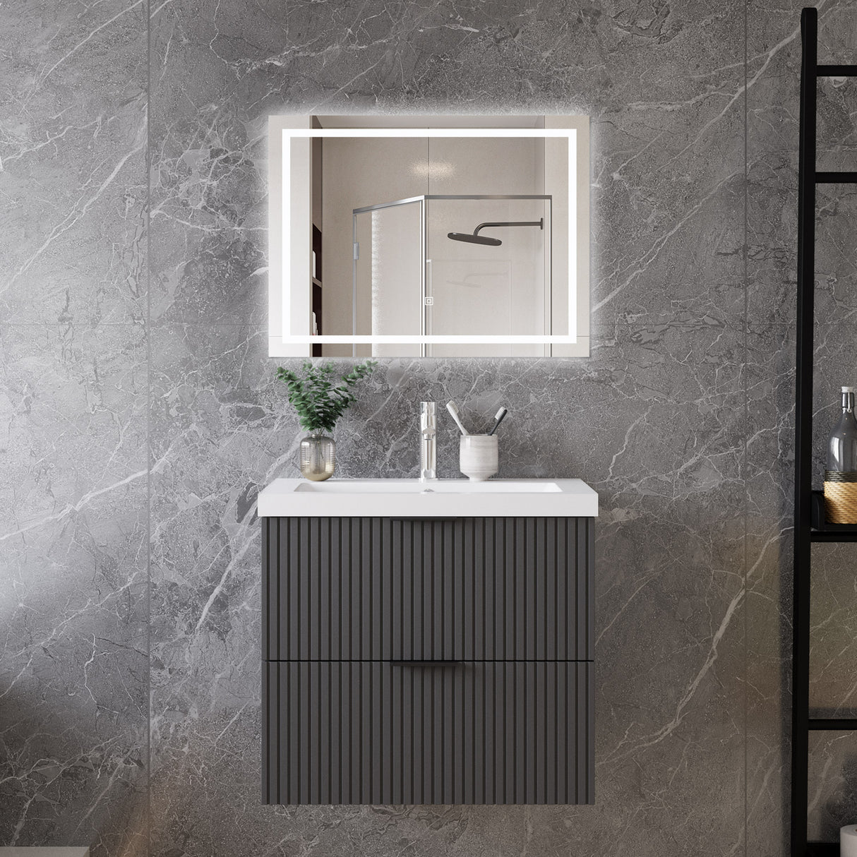 Modern Splash Wall Mounted Anthracite Bathroom Vanity Unit With Artificial Stone Basin And 2 Soft Close Drawers 600*385*520mm