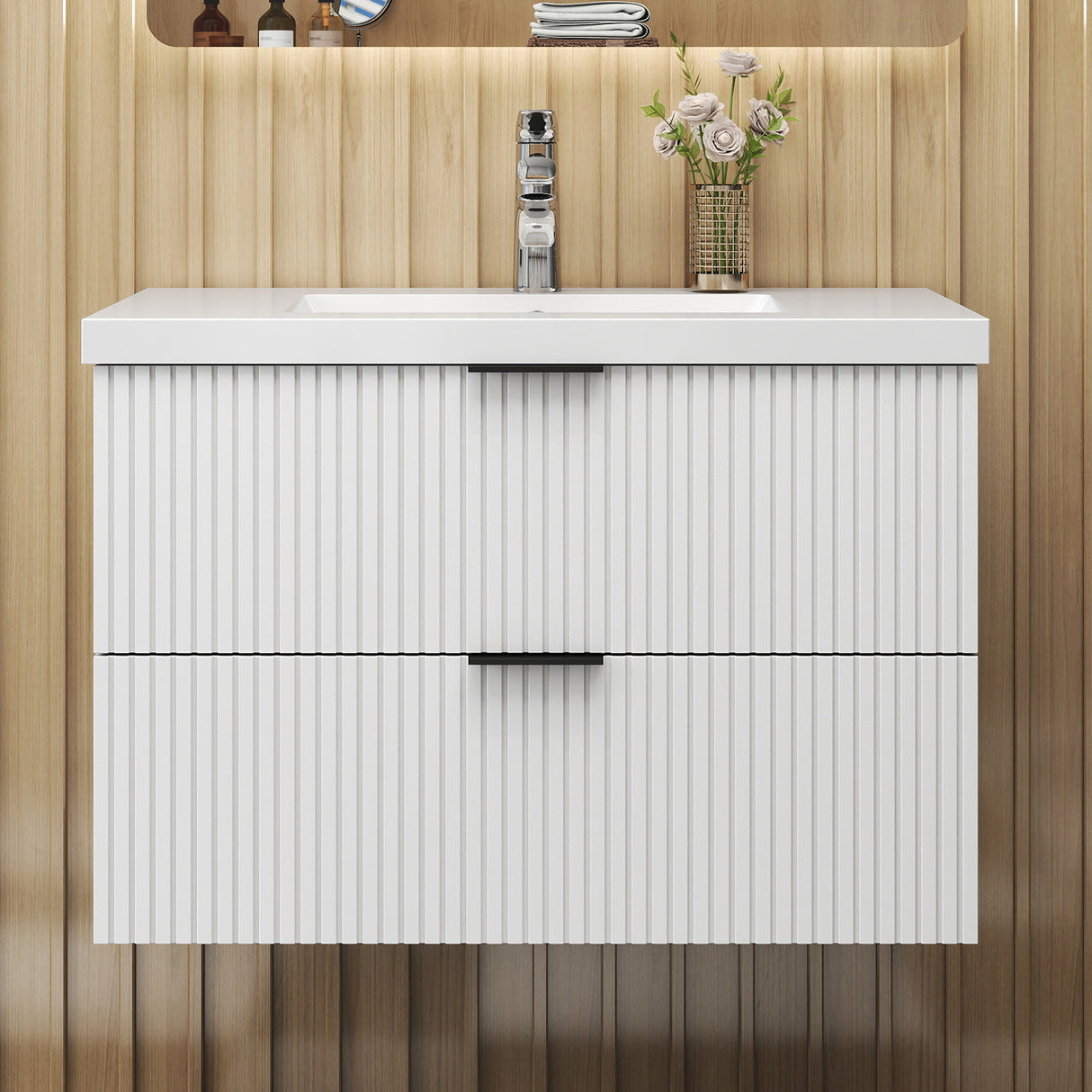 Modern Splash Wall Mounted White Bathroom Vanity Unit With Ceramic Basin And 2 Soft Close Drawers 790*460*520mm