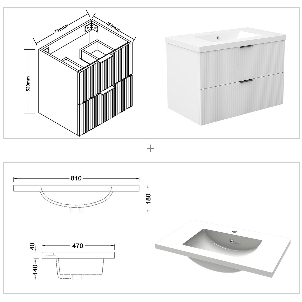 Modern Splash Wall Mounted White Bathroom Vanity Unit With Ceramic Basin And 2 Soft Close Drawers 790*460*520mm