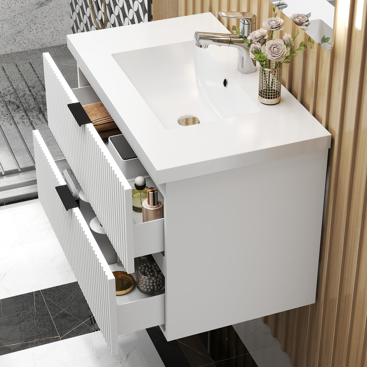 Modern Splash Wall Mounted White Bathroom Vanity Unit With Ceramic Basin And 2 Soft Close Drawers 790*460*520mm