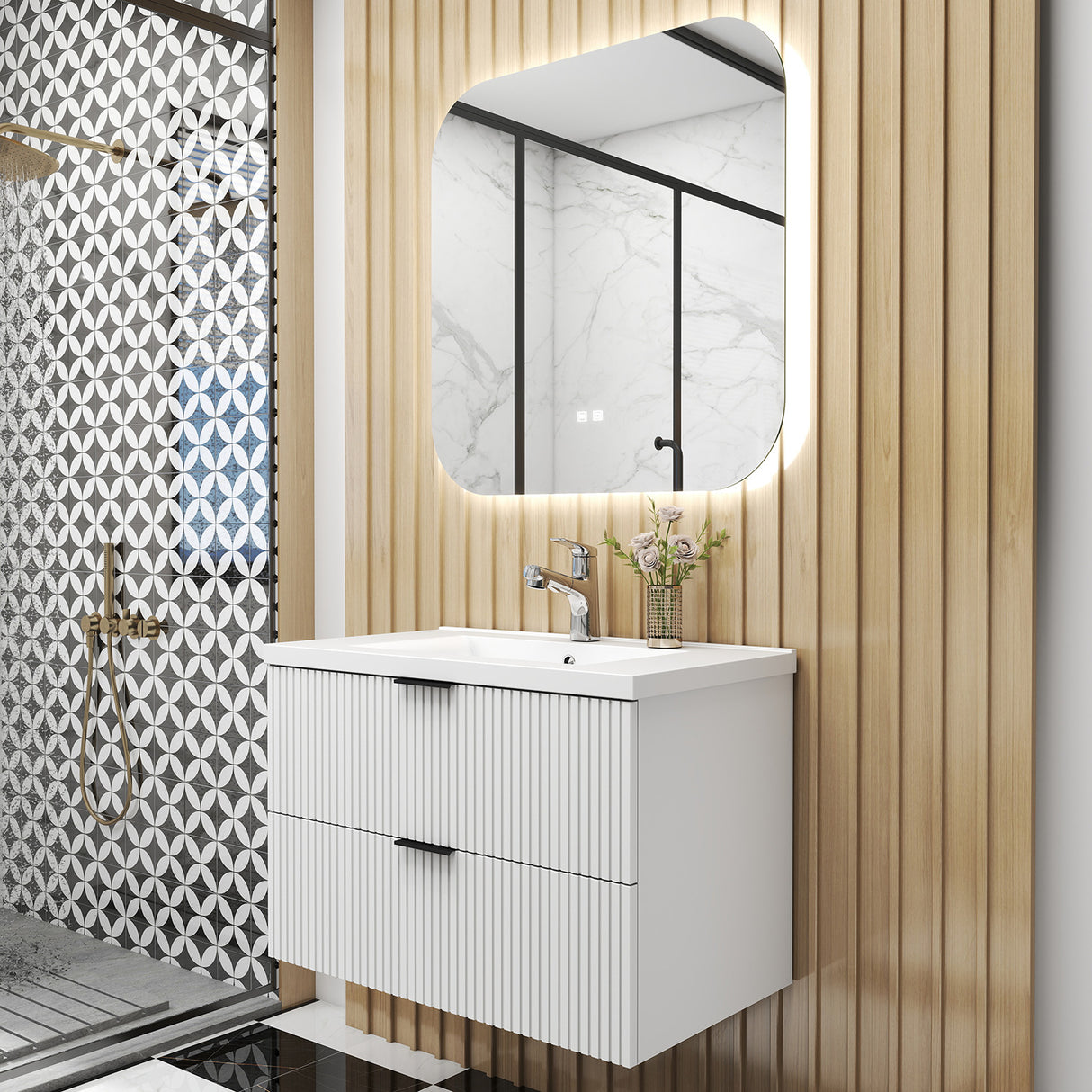 Modern Splash Wall Mounted White Bathroom Vanity Unit With Thick Ceramic Basin And 2 Soft Close Drawers 790*460*520mm