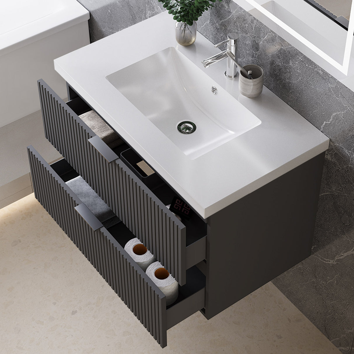 Modern Splash Wall Mounted Anthracite Bathroom Vanity Unit With Artificial Stone Basin And 2 Soft Close Drawers 790*460*520mm