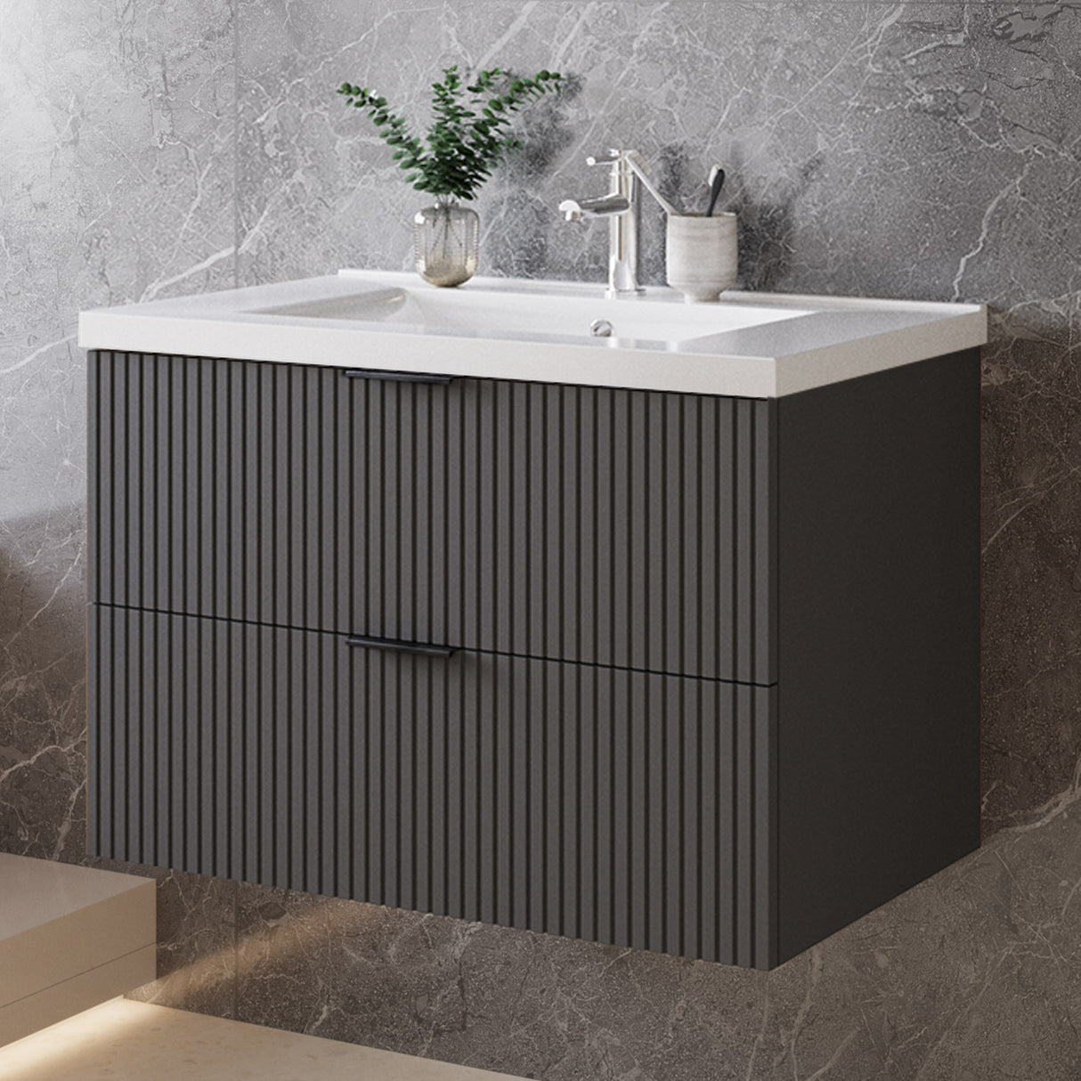 Modern Splash Wall Mounted Anthracite Bathroom Vanity Unit With Thick Ceramic Basin And 2 Soft Close Drawers 790*460*520mm