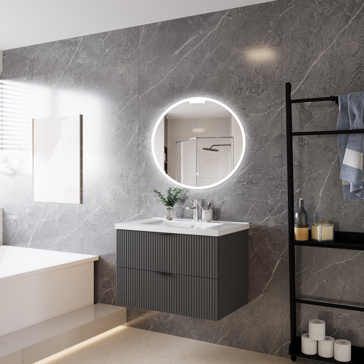 Modern Splash Wall Mounted Anthracite Bathroom Vanity Unit With Thick Ceramic Basin And 2 Soft Close Drawers 790*460*520mm