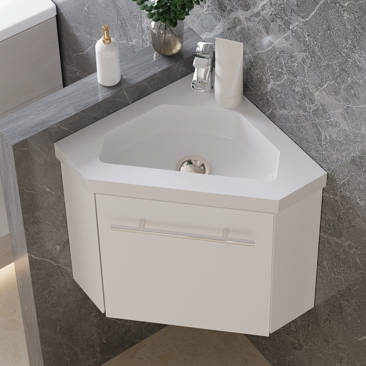 Modern Splash Mat white Corner Bathroom Vanity Unit With Integrated Sink 1 Door Soft-Close 395*395*420mm