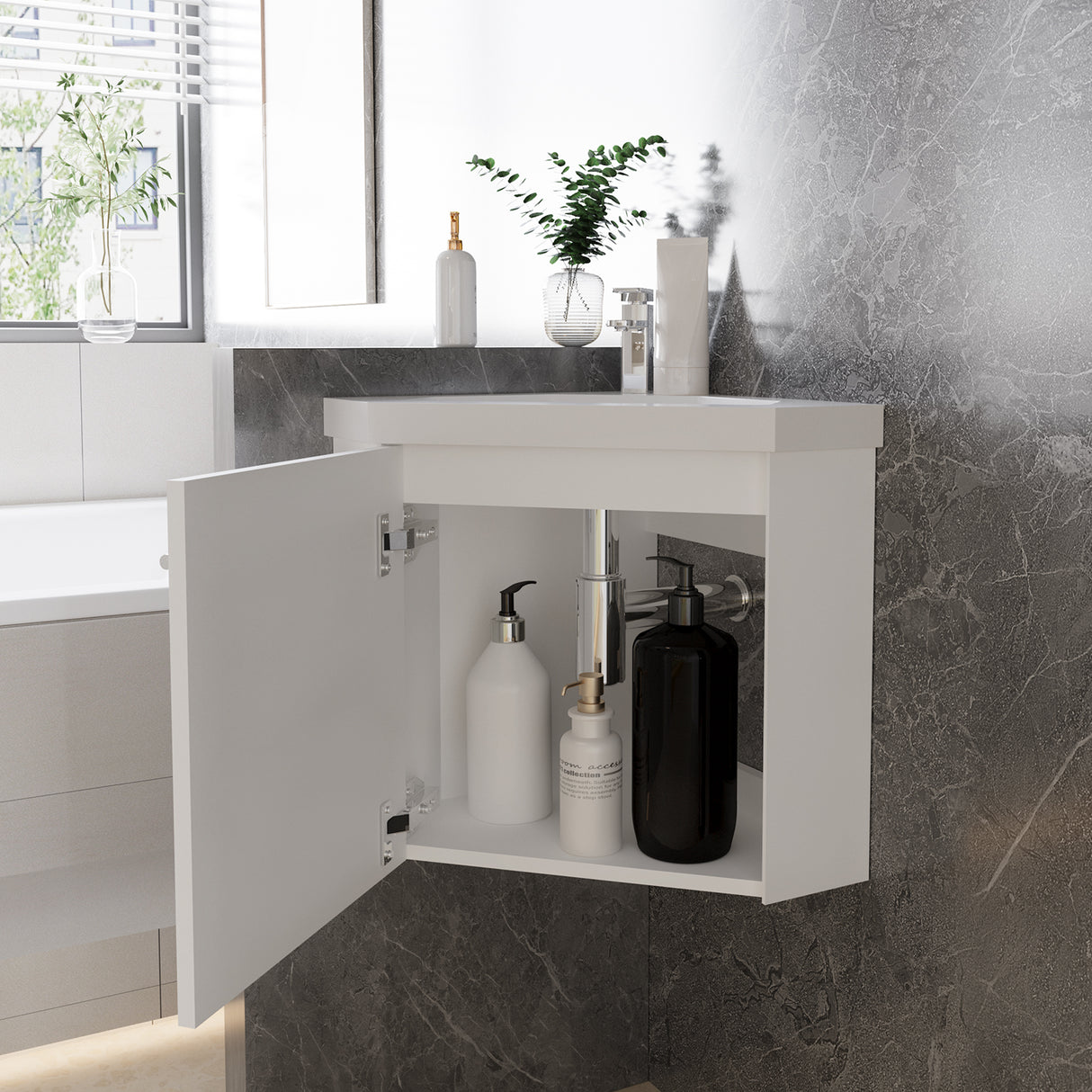 Modern Splash Mat white Corner Bathroom Vanity Unit With Integrated Sink 1 Door Soft-Close 395*395*420mm