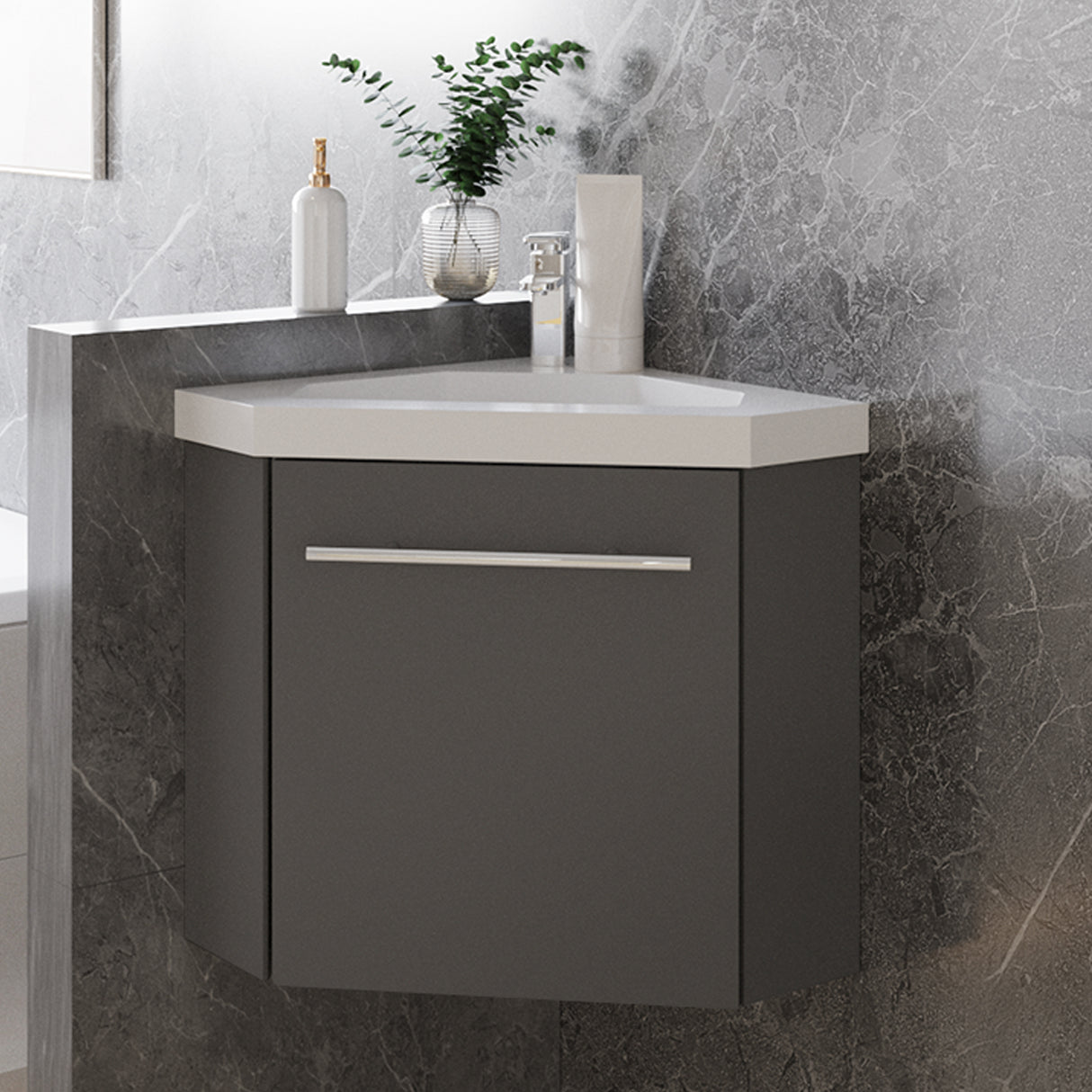 Modern Splash Mat Anthracite Corner Bathroom Vanity Unit With Integrated Sink 1 Door Soft-Close 395*395*420mm