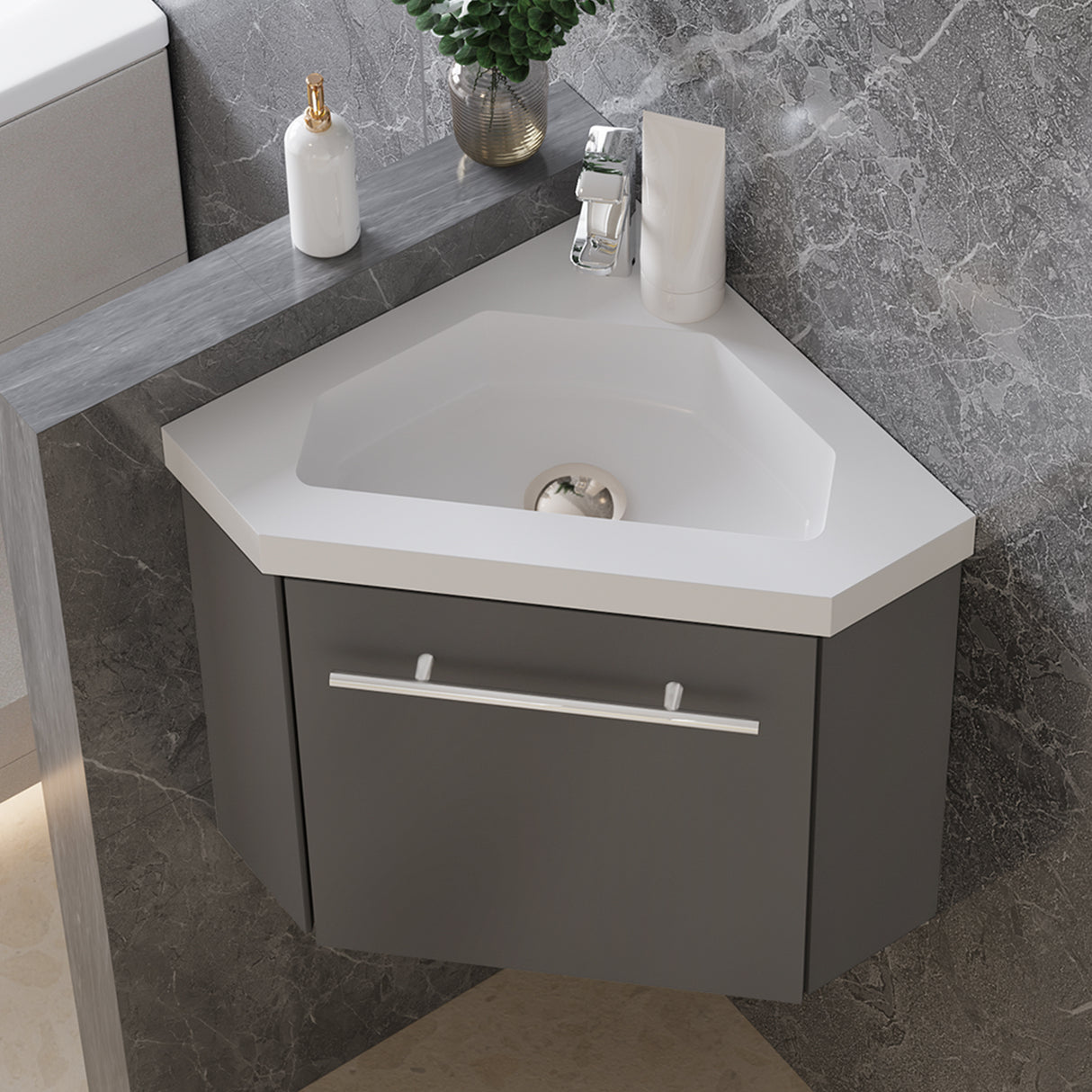 Modern Splash Mat Anthracite Corner Bathroom Vanity Unit With Integrated Sink 1 Door Soft-Close 395*395*420mm