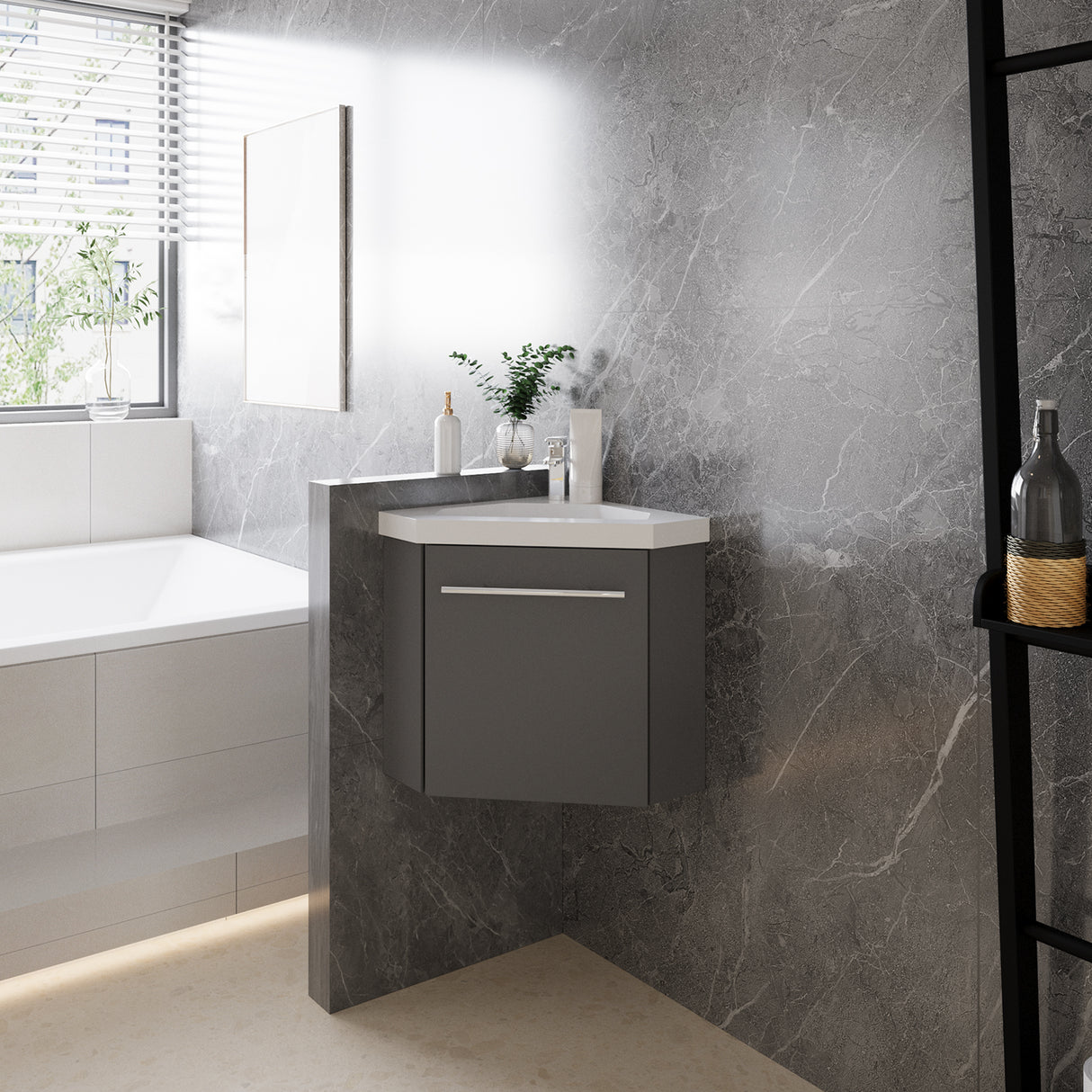 Modern Splash Mat Anthracite Corner Bathroom Vanity Unit With Integrated Sink 1 Door Soft-Close 395*395*420mm