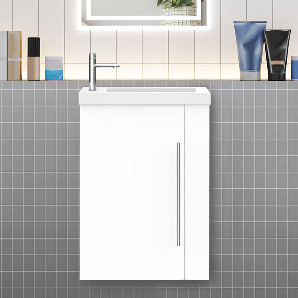 Modern Splash Wall-Mounted Mat White Free Standing Bathroom Vanity Unit With Integrated Sink 1 Door Soft-Close door 440*230*600mm