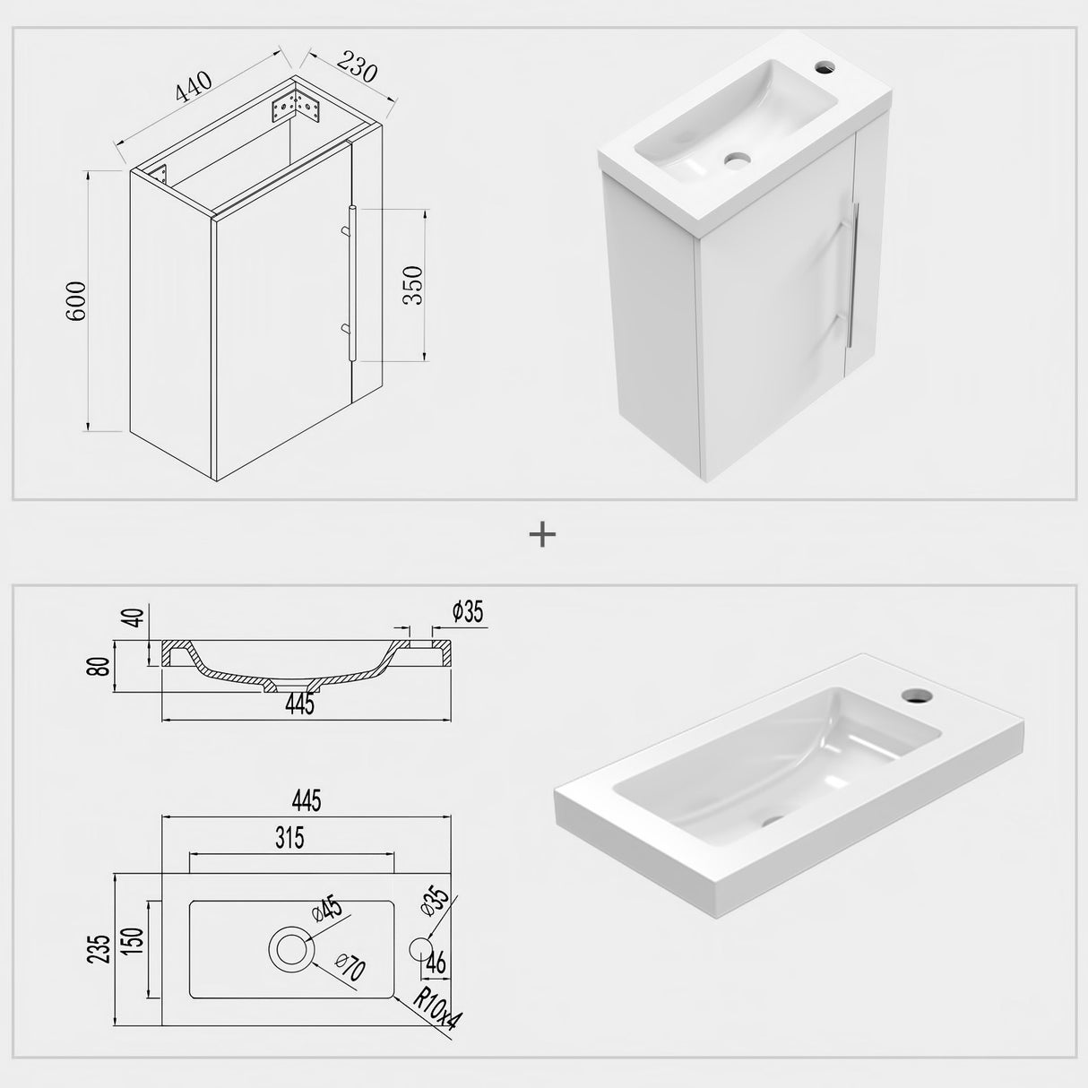 Modern Splash Wall-Mounted Mat White Free Standing Bathroom Vanity Unit With Integrated Sink 1 Door Soft-Close door 440*230*600mm