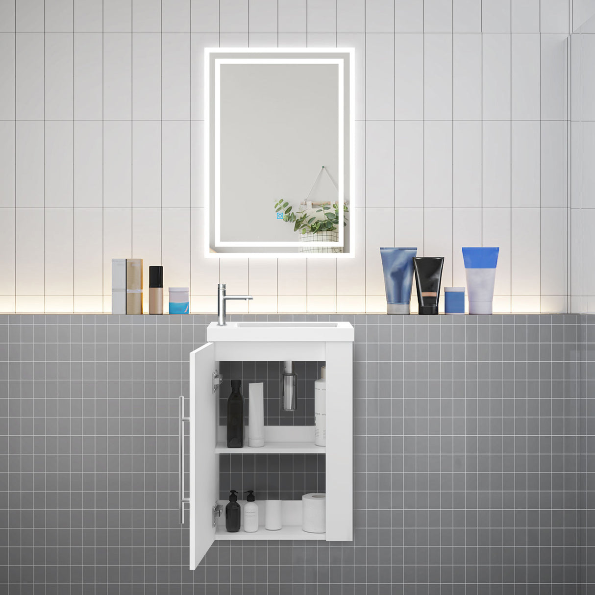 Modern Splash Wall-Mounted Mat White Free Standing Bathroom Vanity Unit With Integrated Sink 1 Door Soft-Close door 440*230*600mm