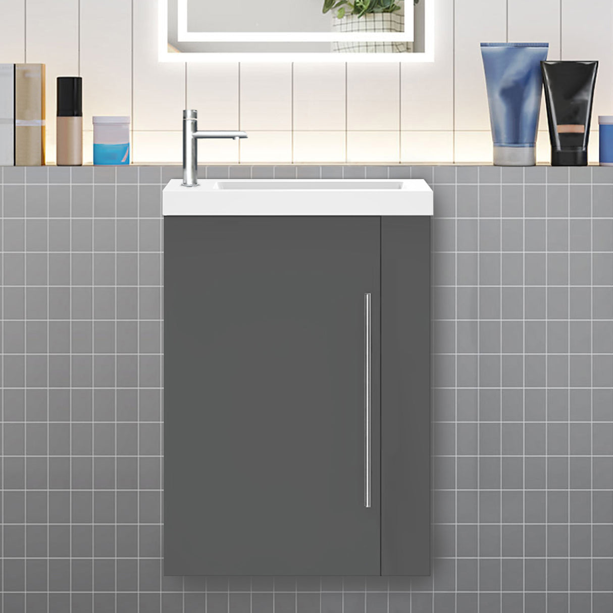 Modern Splash Wall-Mounted Mat Anthracite Free Standing Bathroom Vanity Unit With Integrated Sink 1 Door Soft-Close Door 440*230*600mm